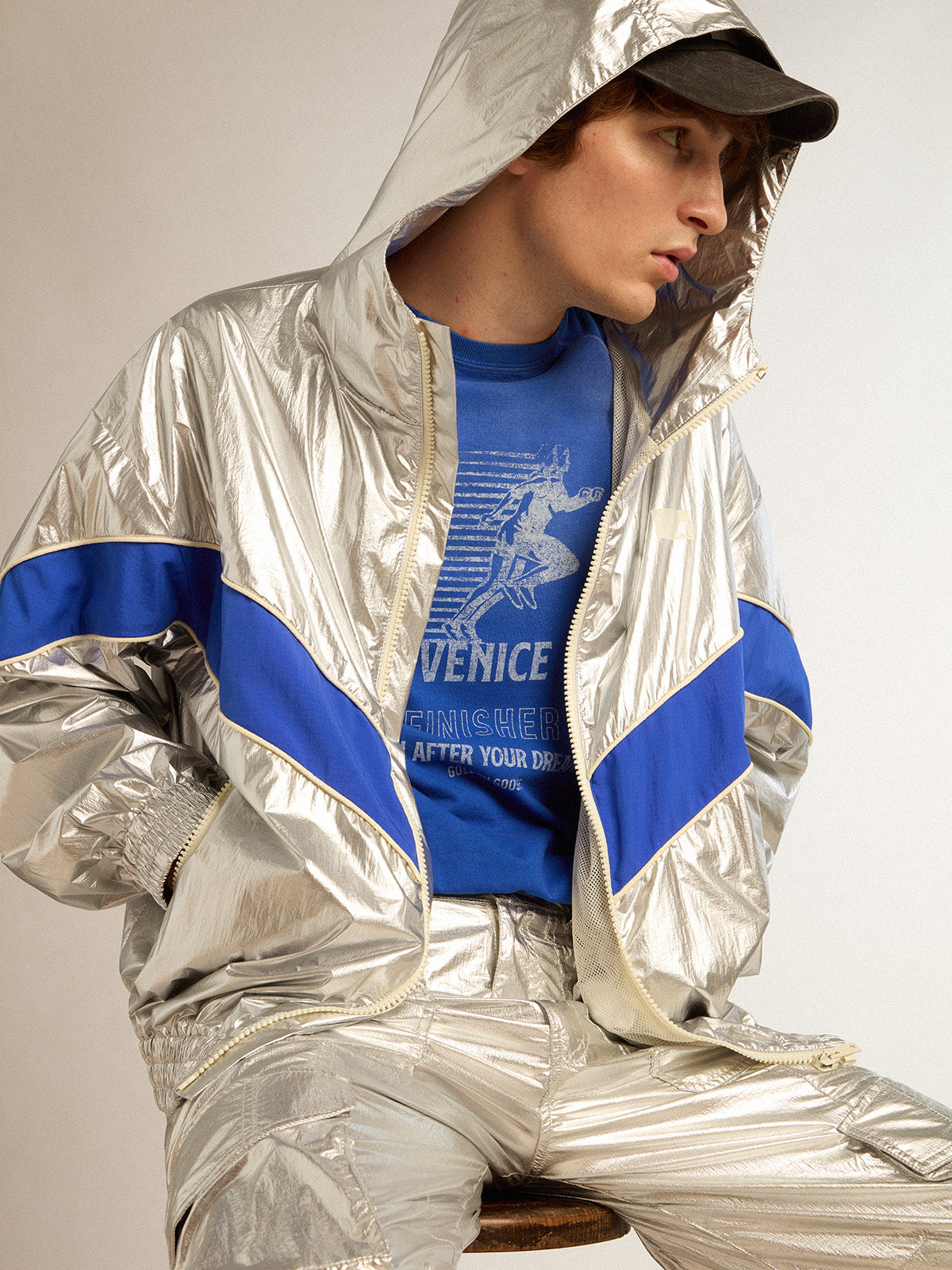 Men's windcheater in silver technical fabric| Golden Goose