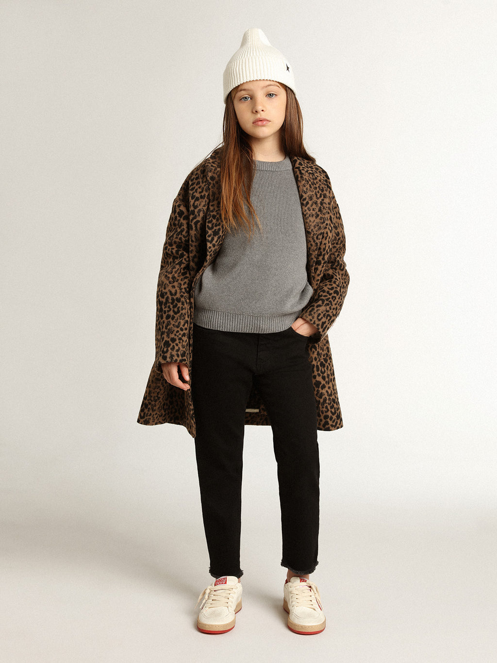 Girls' single-breasted coat in wool with jacquard animal print| Golden Goose