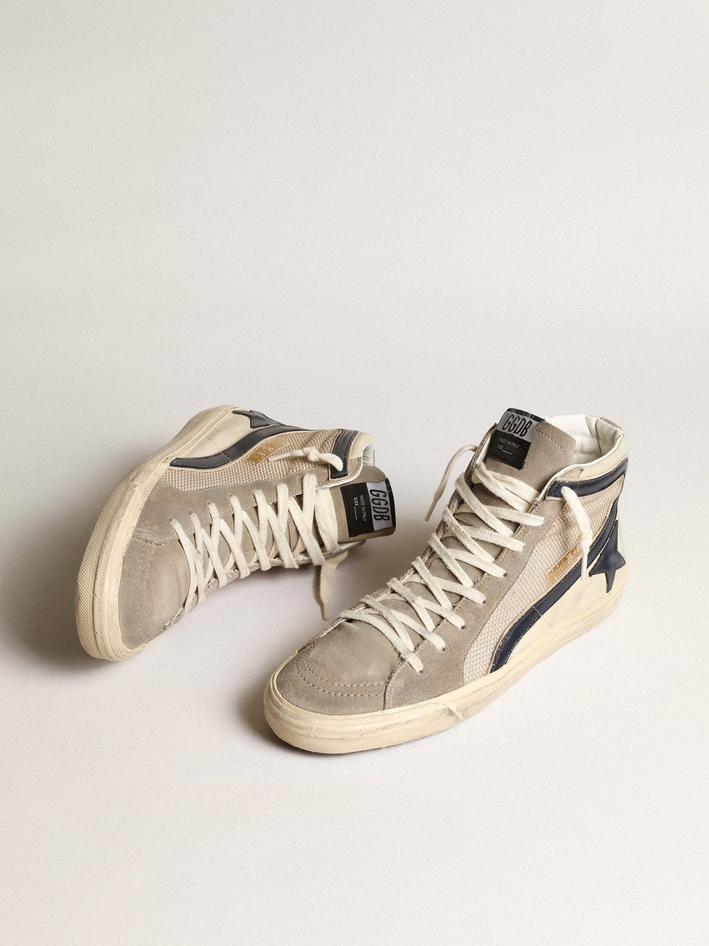 Slide in beige mesh and nylon with blue leather star and flash| Golden Goose