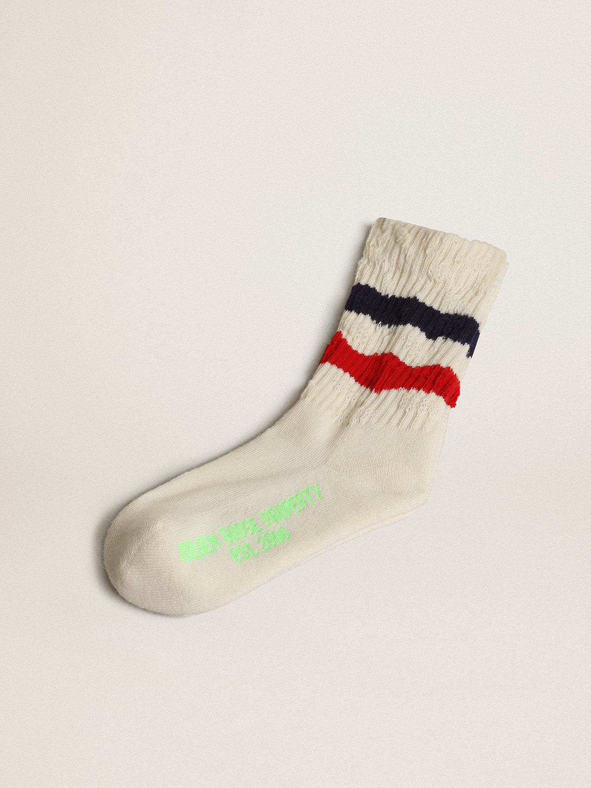 Socks in distressed-finish white cotton with red and navy stripes| Golden Goose