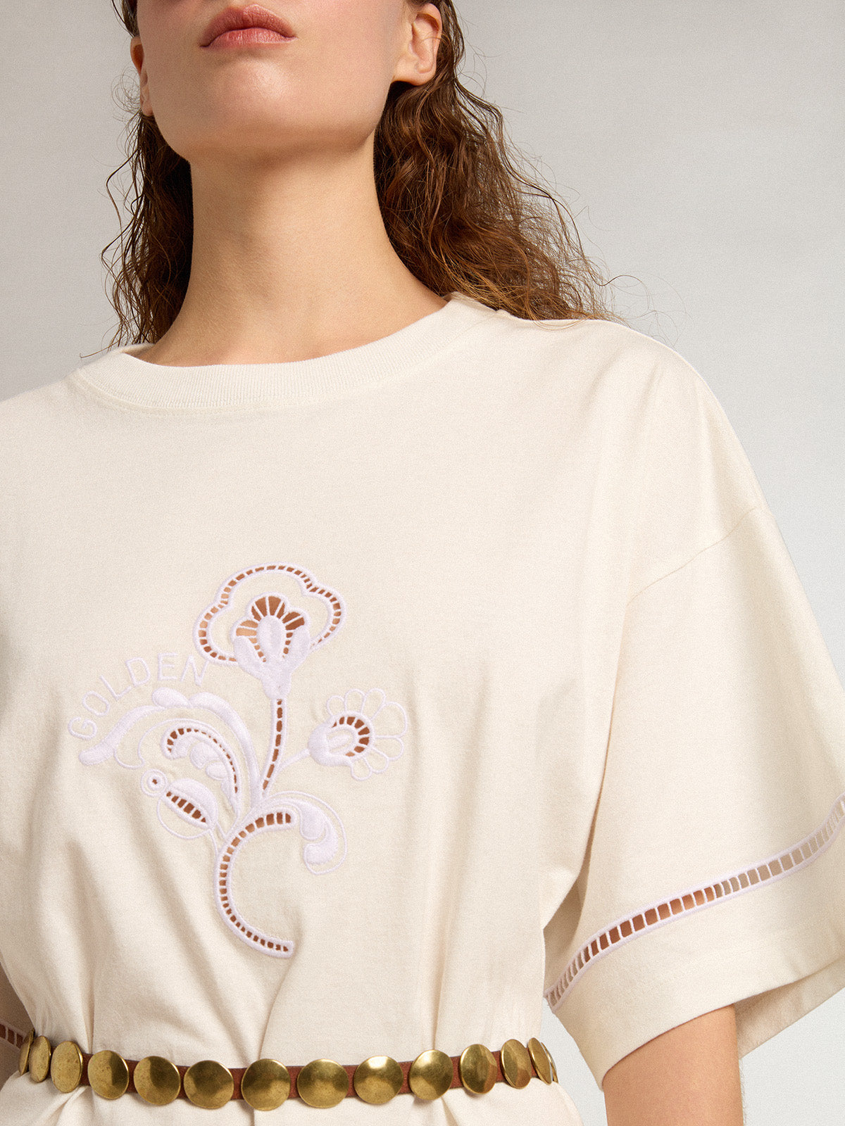 White cotton T-shirt dress with belt| Golden Goose