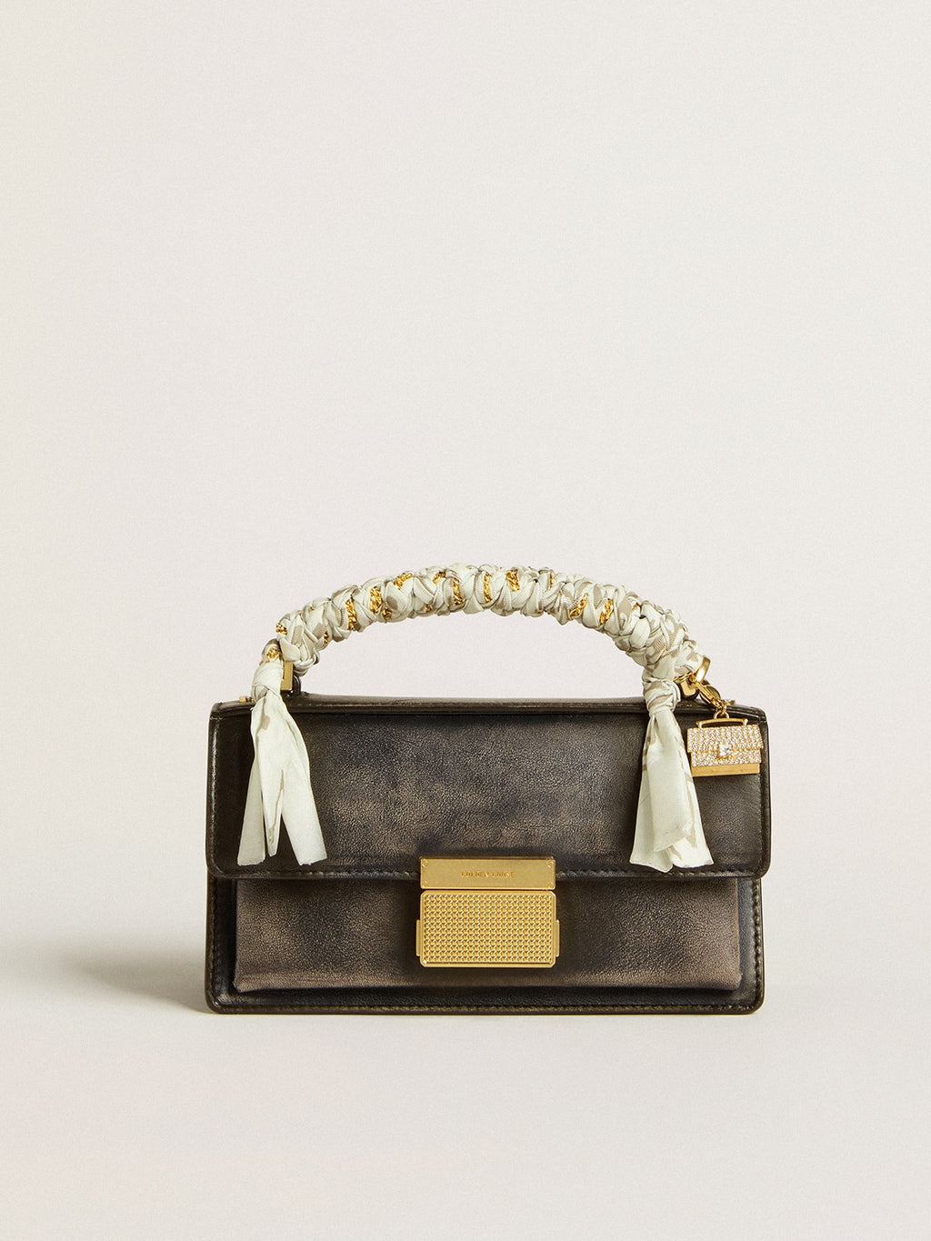 Small Venezia Bag in black distressed leather with gold details| Golden Goose
