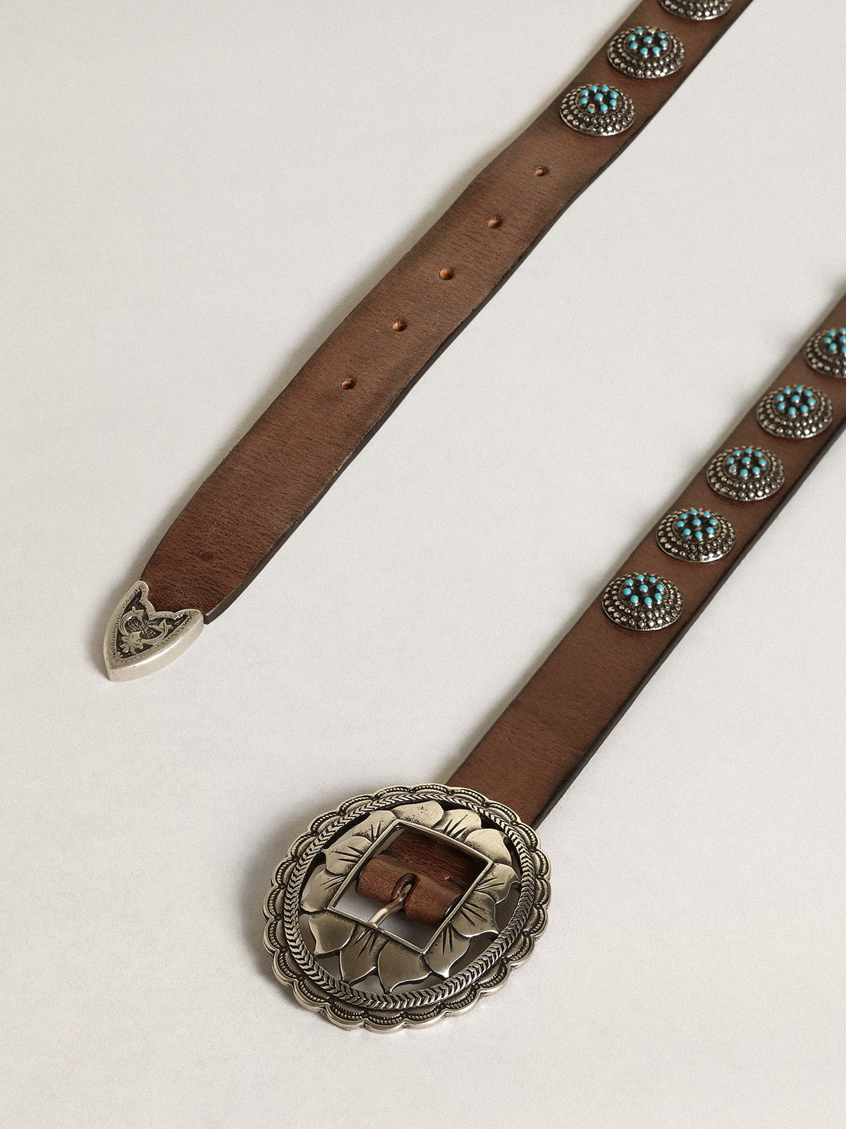 Women's belt in dark brown leather with silver studs| Golden Goose