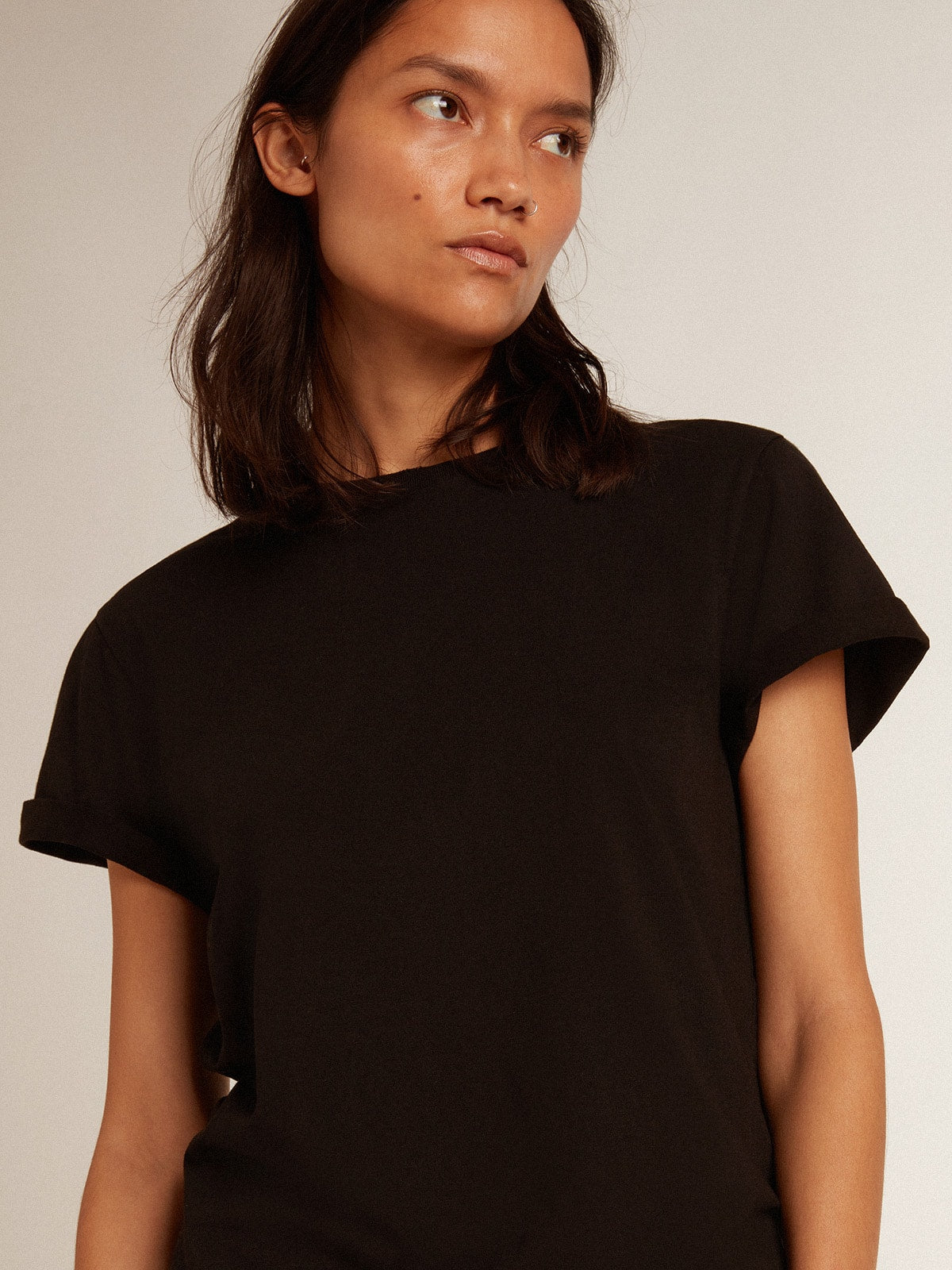 Women's slim-fit distressed T-shirt in black| Golden Goose