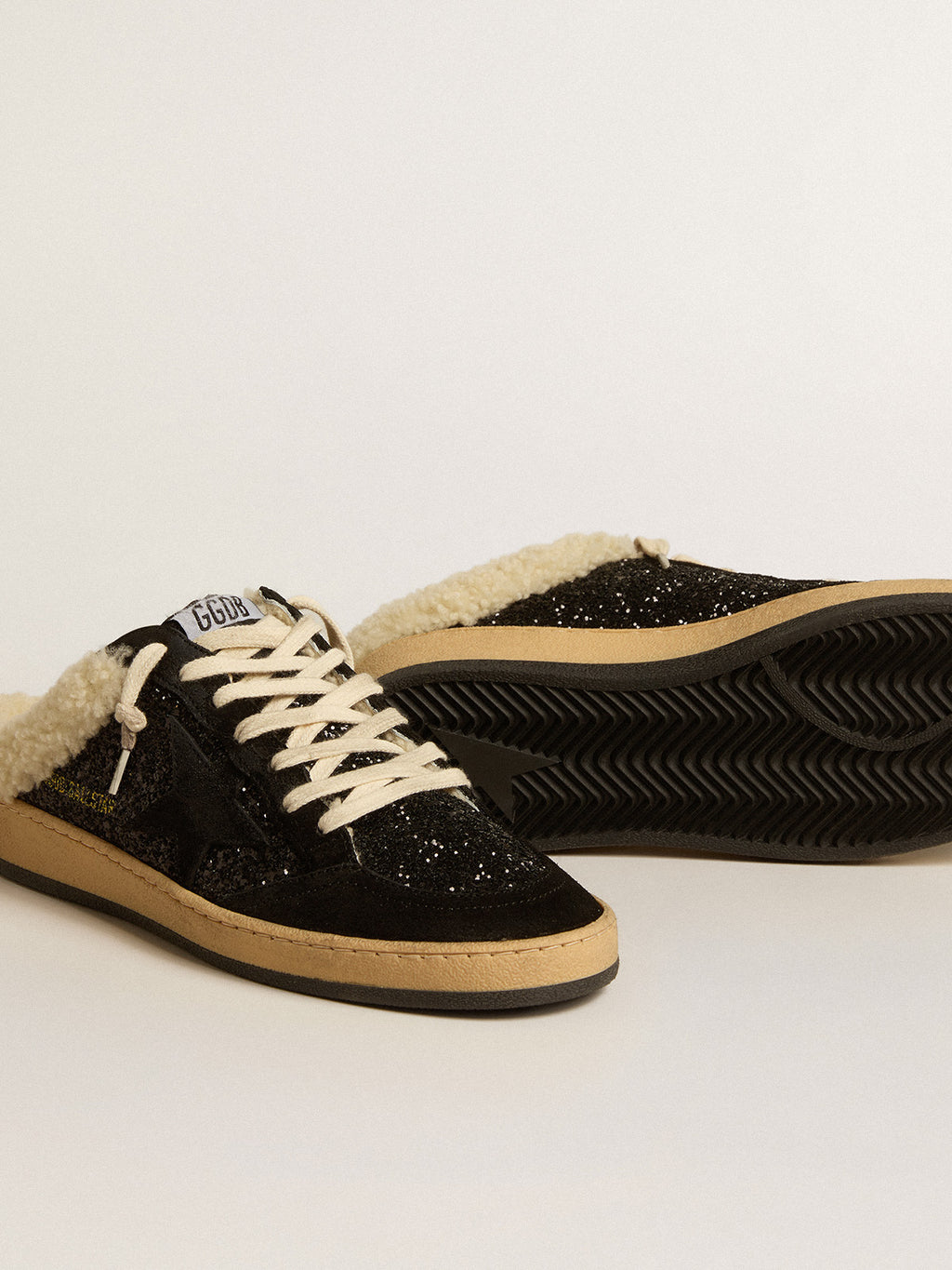 Ball Star Sabots in black glitter with black star and shearling lining| Golden Goose