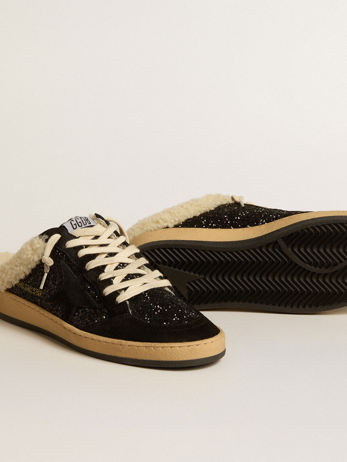 Ball Star Sabots in black glitter with black star and shearling lining| Golden Goose