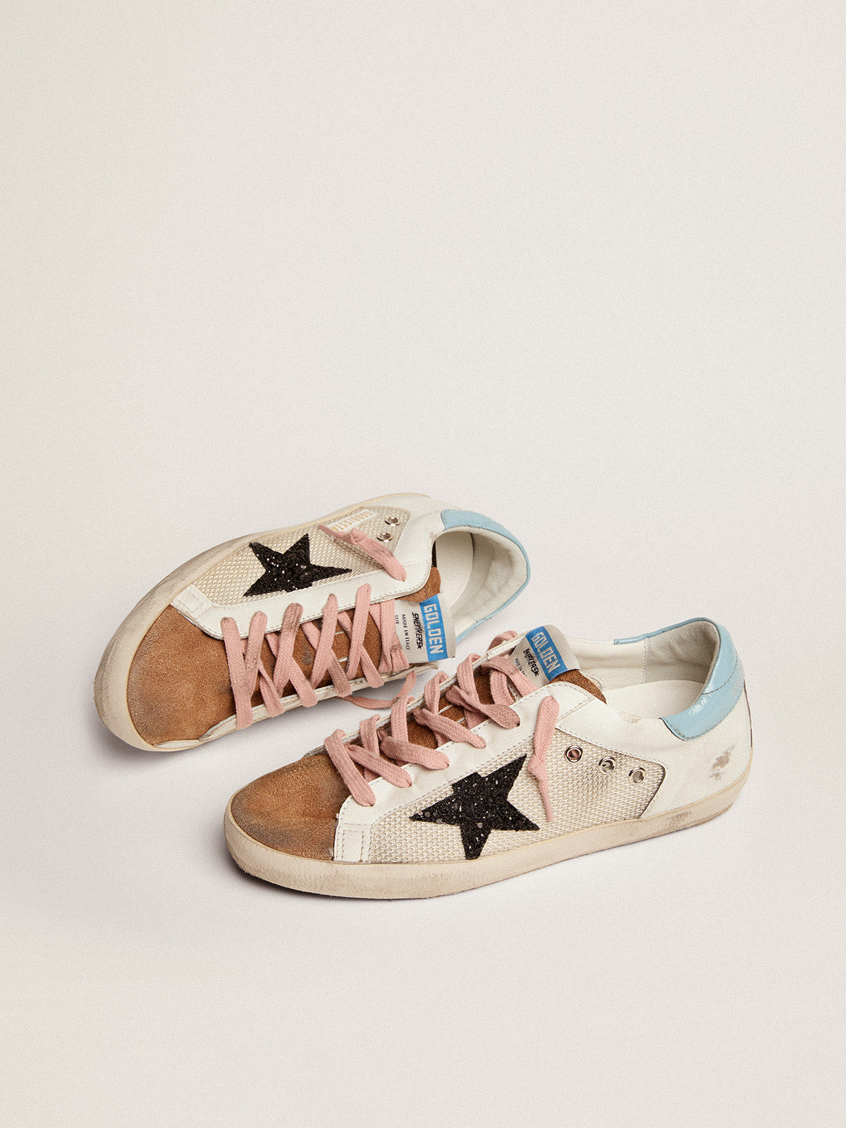 Super-Star sneakers in light gray mesh and white leather with black glitter star| Golden Goose