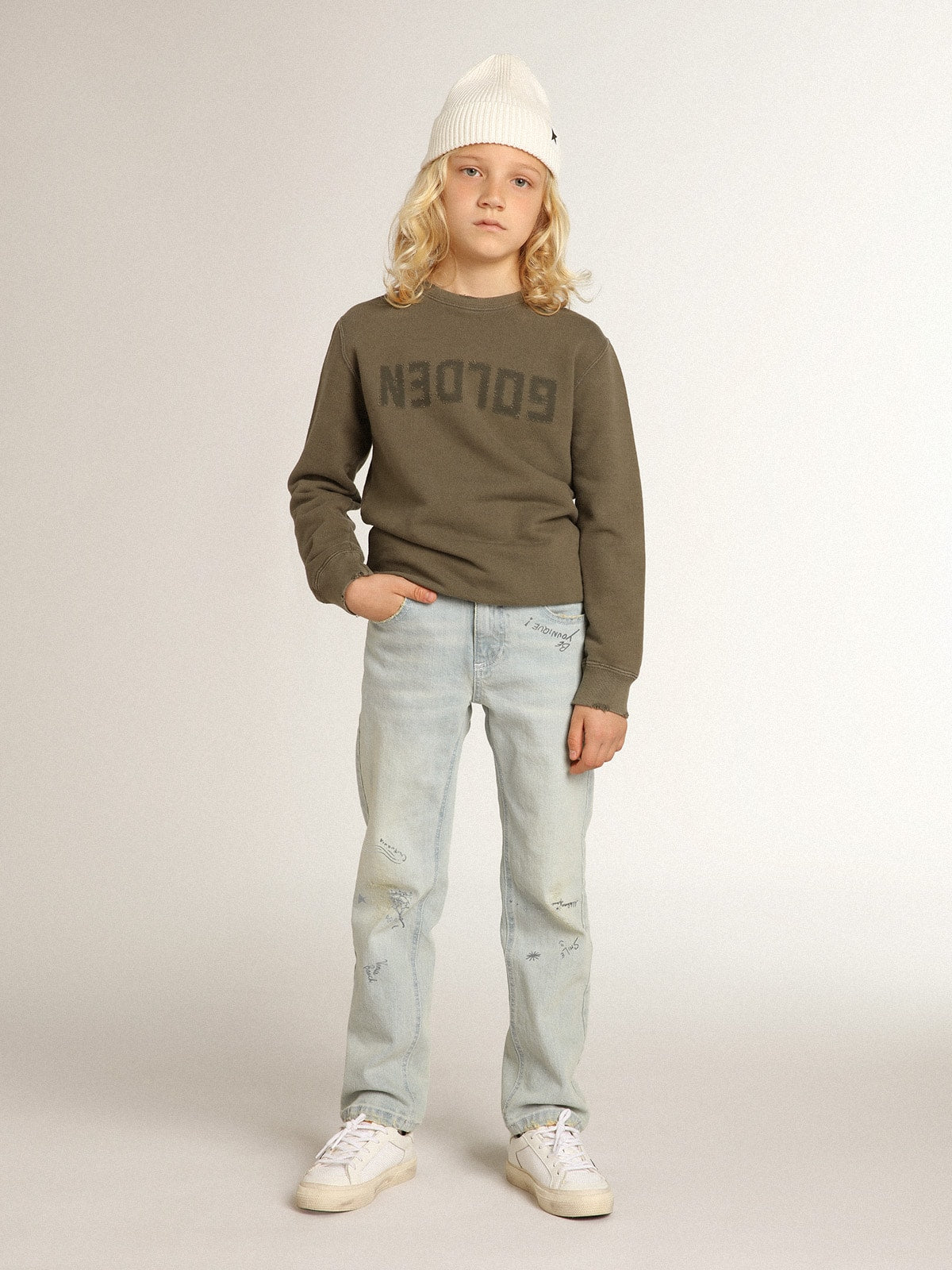 Distressed olive-green sweatshirt with Golden lettering on the front| Golden Goose