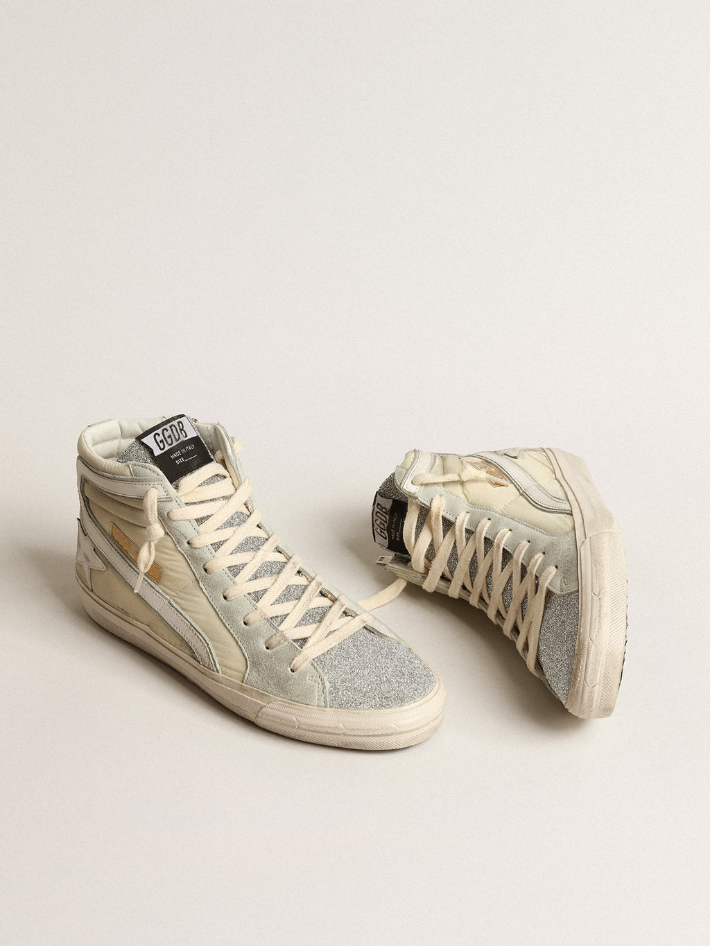 Slide in ivory nylon with white leather star and flash| Golden Goose