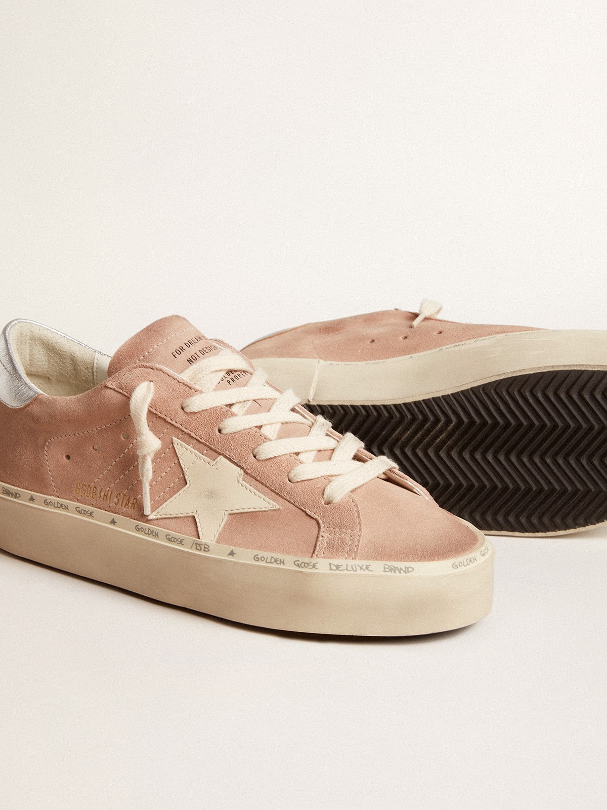 Women's Hi Star in pink suede with cream star and silver leather heel tab| Golden Goose