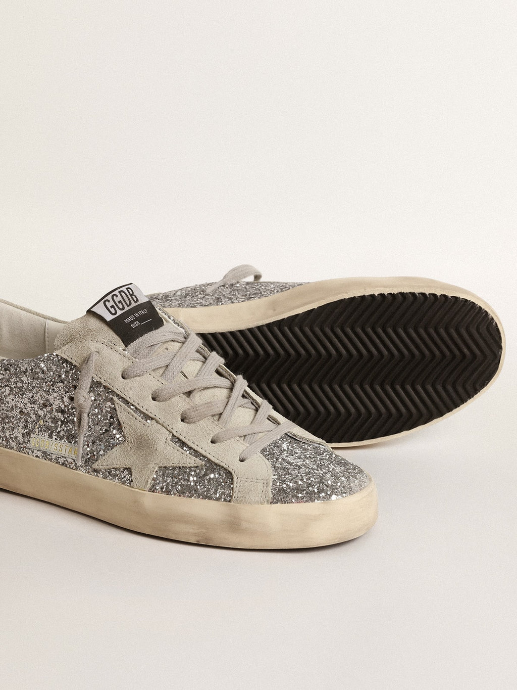 Women's Super-Star in silver glitter with ice-gray suede star| Golden Goose