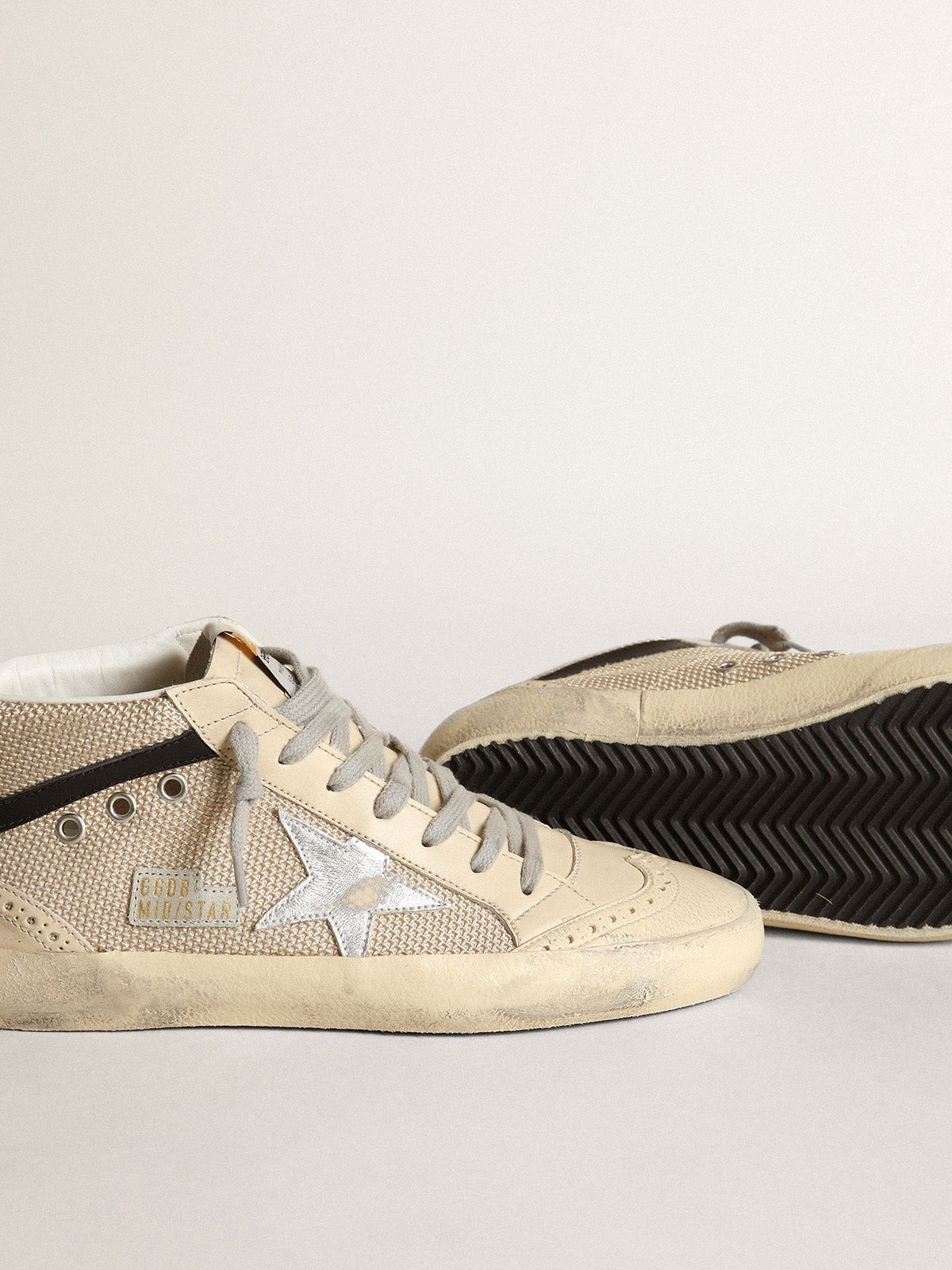 Women's Mid Star LTD in cream-colored mesh with silver star| Golden Goose