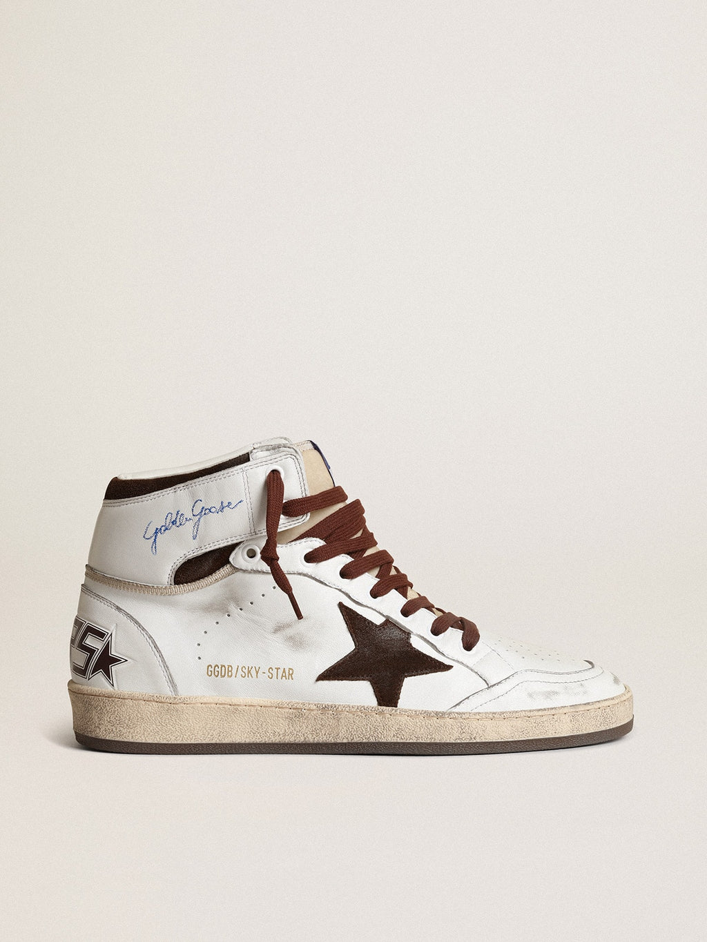 Men's Sky-Star in white nappa leather with a chocolate suede star| Golden Goose