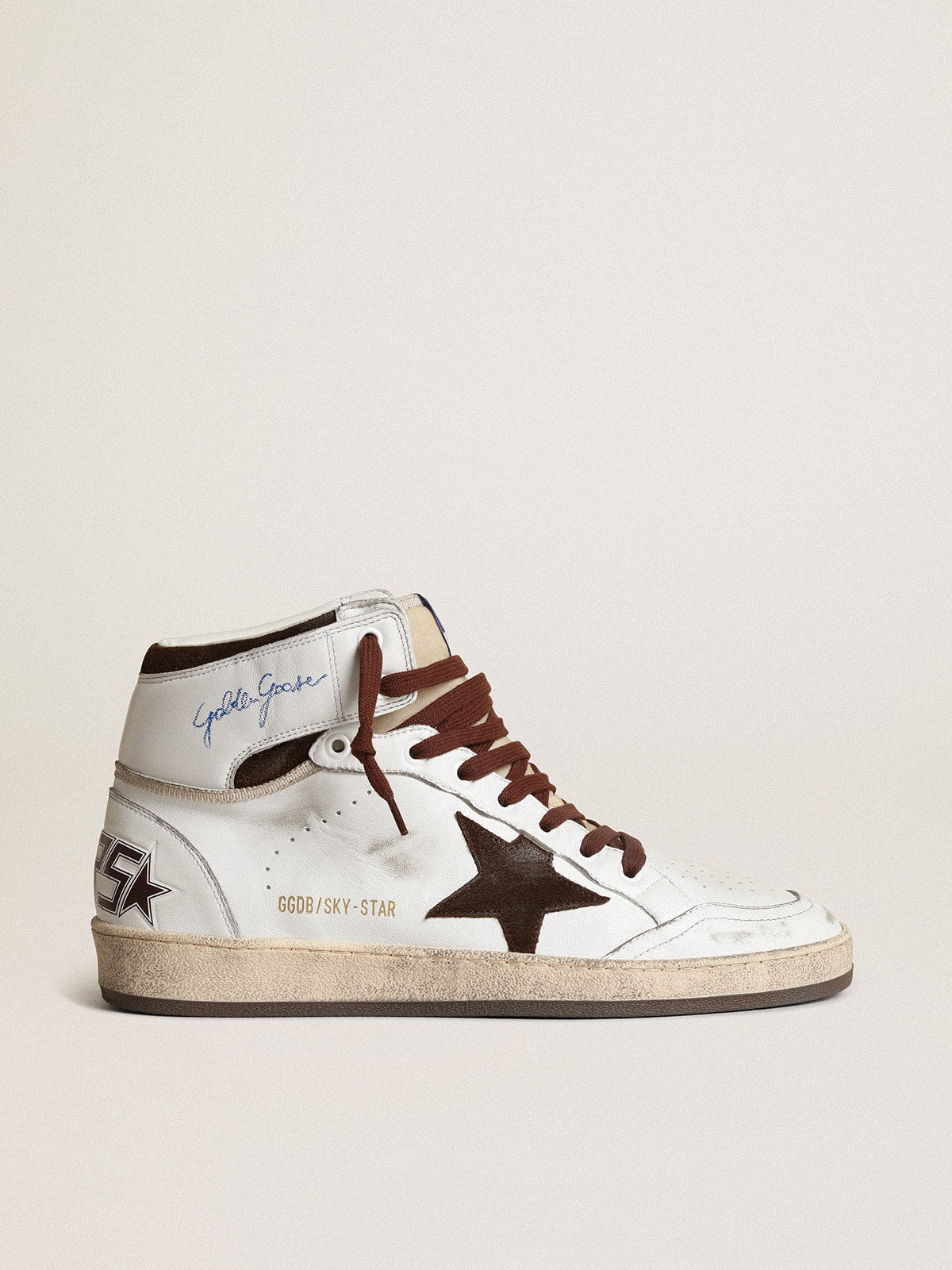 Men's Sky-Star in white nappa leather with a chocolate suede star| Golden Goose