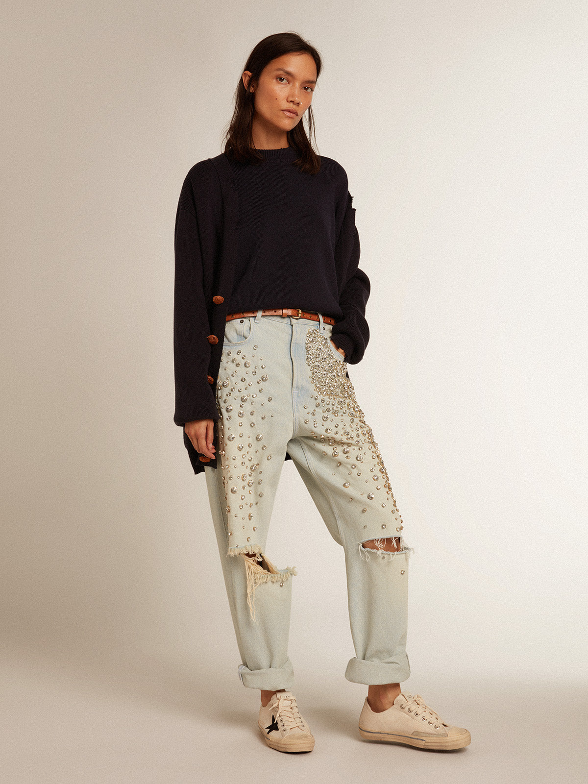 Women's round-neck sweater in dark blue cotton| Golden Goose