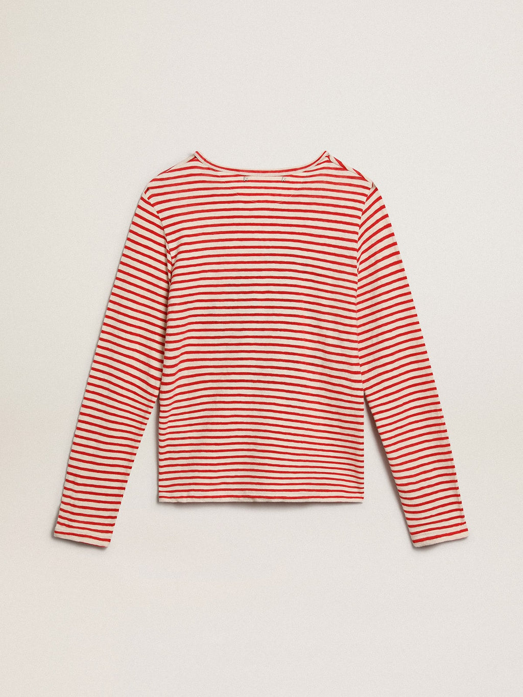 Women's T-shirt with white and red stripes and embroidery on the front| Golden Goose