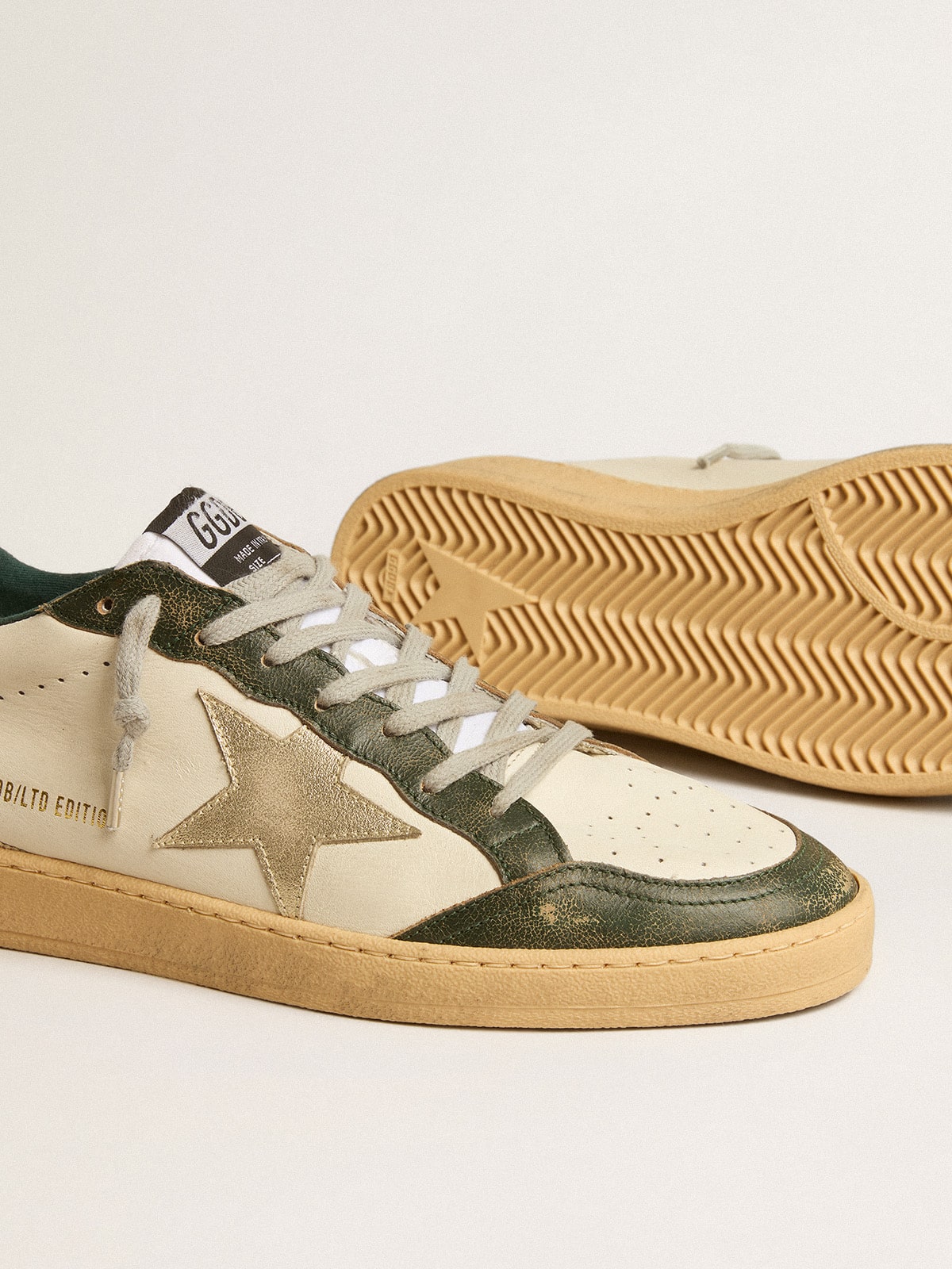Ball Star LTD with platinum leather star and green leather heel tab| Golden Goose
