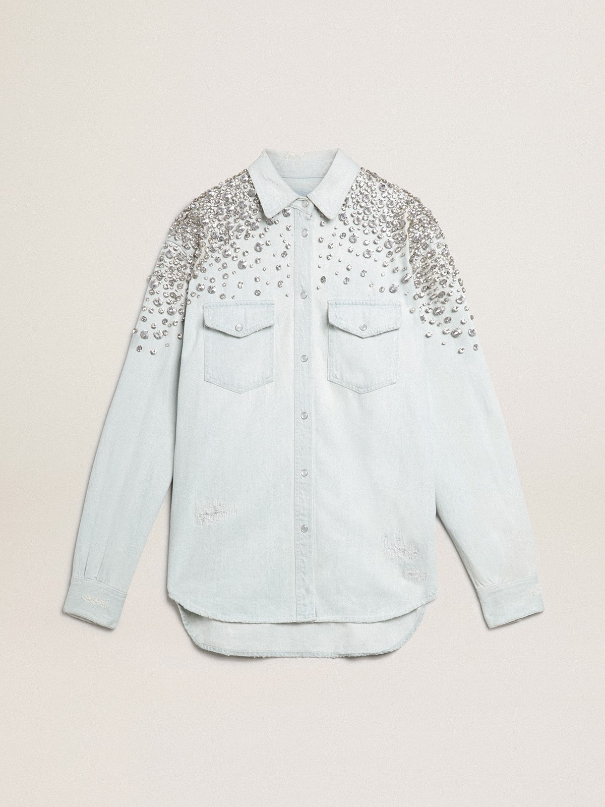 Women's bleached boyfriend shirt with cabochon crystals| Golden Goose