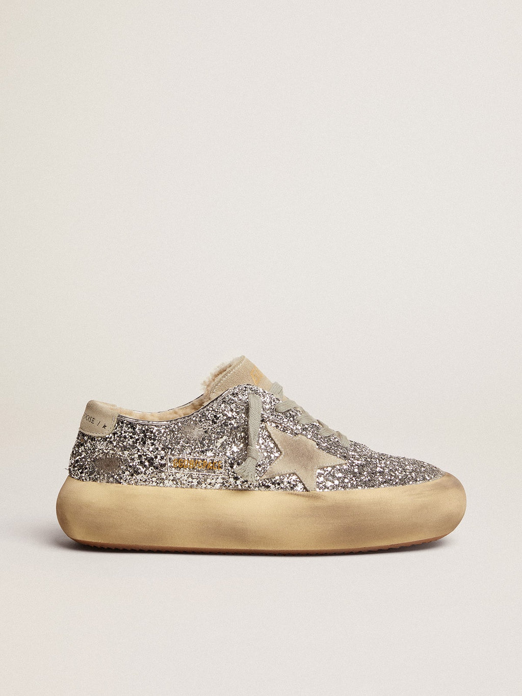 Women's Space-Star shoes in silver glitter with shearling lining| Golden Goose