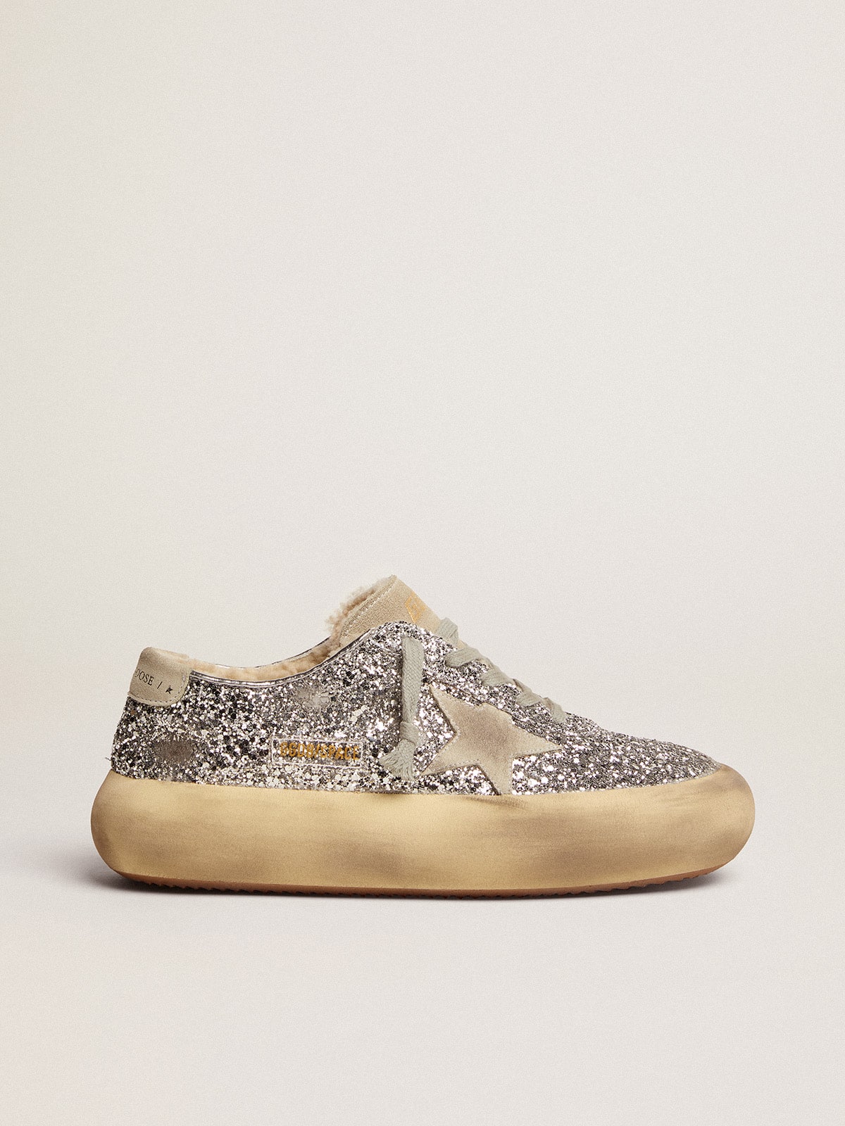 Women's Space-Star shoes in silver glitter with shearling lining| Golden Goose