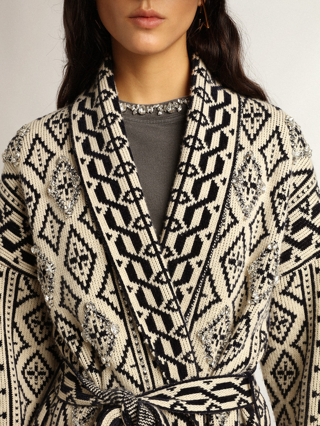 Cardigan in papyrus-colored wool with jacquard motif and crystals| Golden Goose