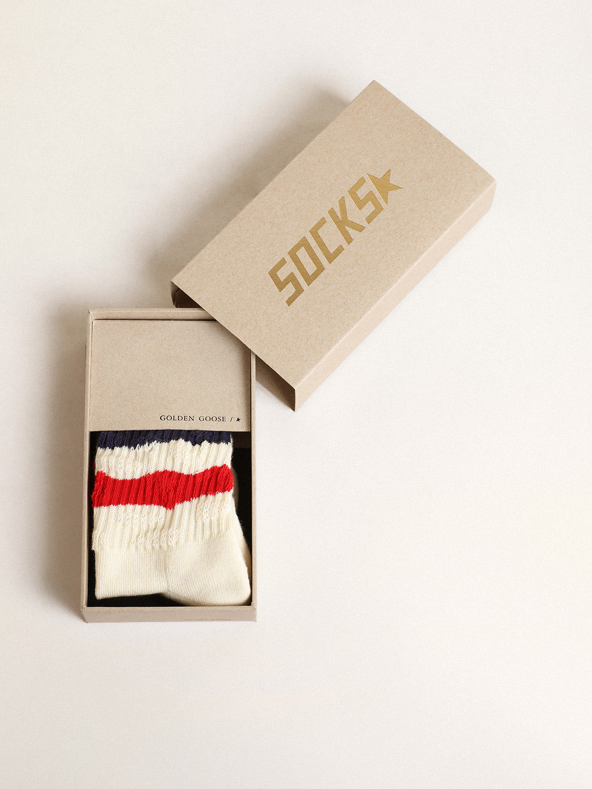 Socks in distressed-finish white cotton with red and navy stripes| Golden Goose