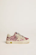 May sneakers in pink glitter with star and heel tab in ice-gray suede| Golden Goose