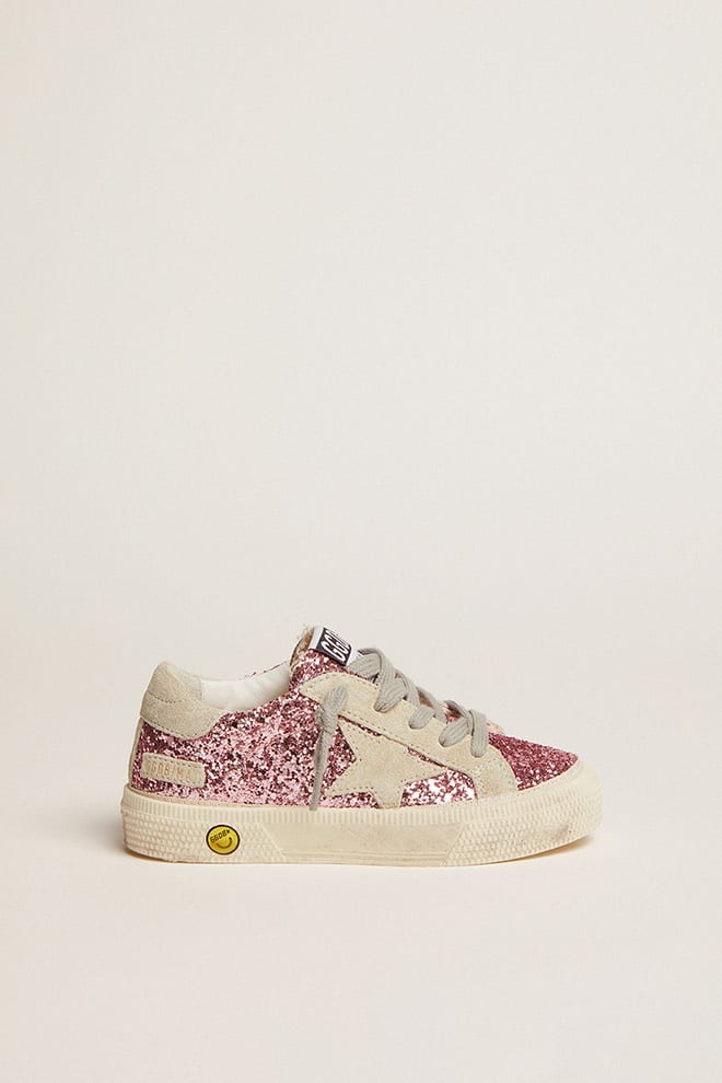 May sneakers in pink glitter with star and heel tab in ice-gray suede| Golden Goose