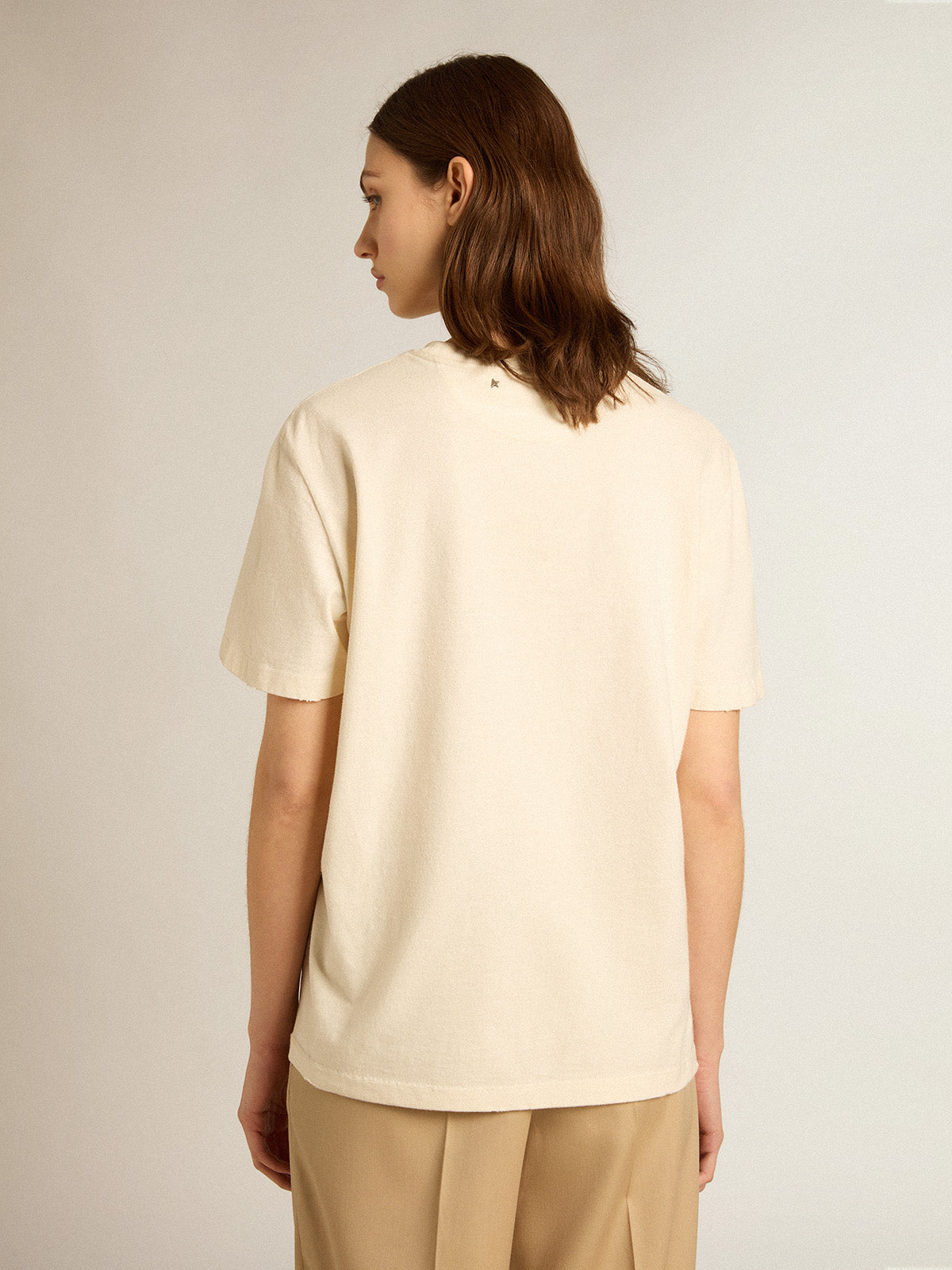 Aged white cotton T-shirt with seasonal logo| Golden Goose