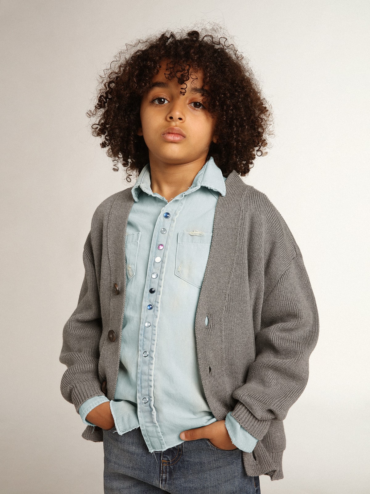 Gray cotton cardigan with logo on the back| Golden Goose