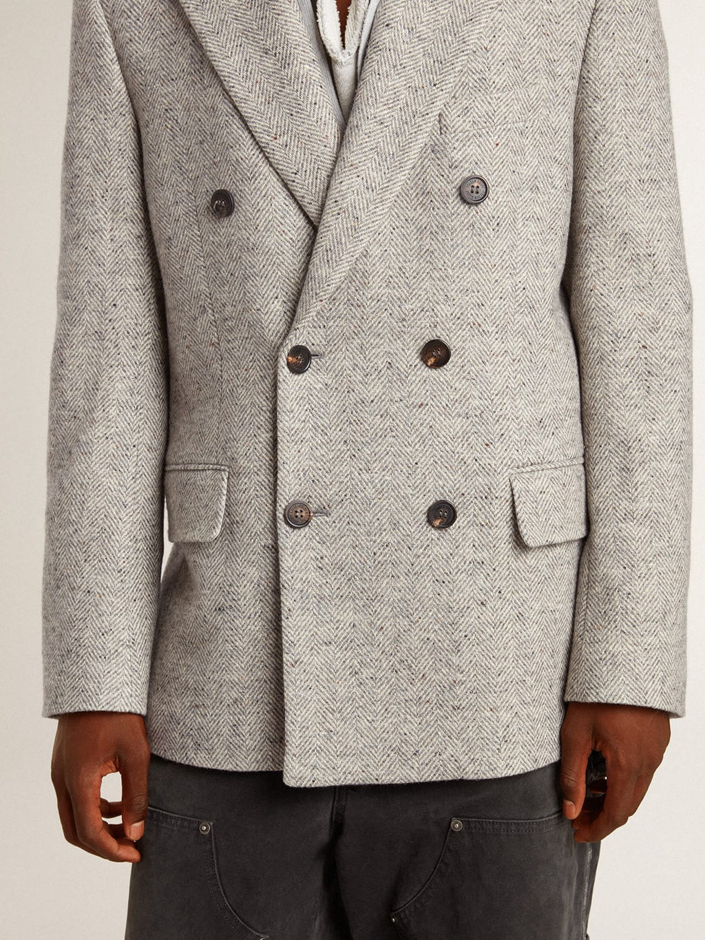 Men's double-breasted jacket in gray silk and chevron wool| Golden Goose