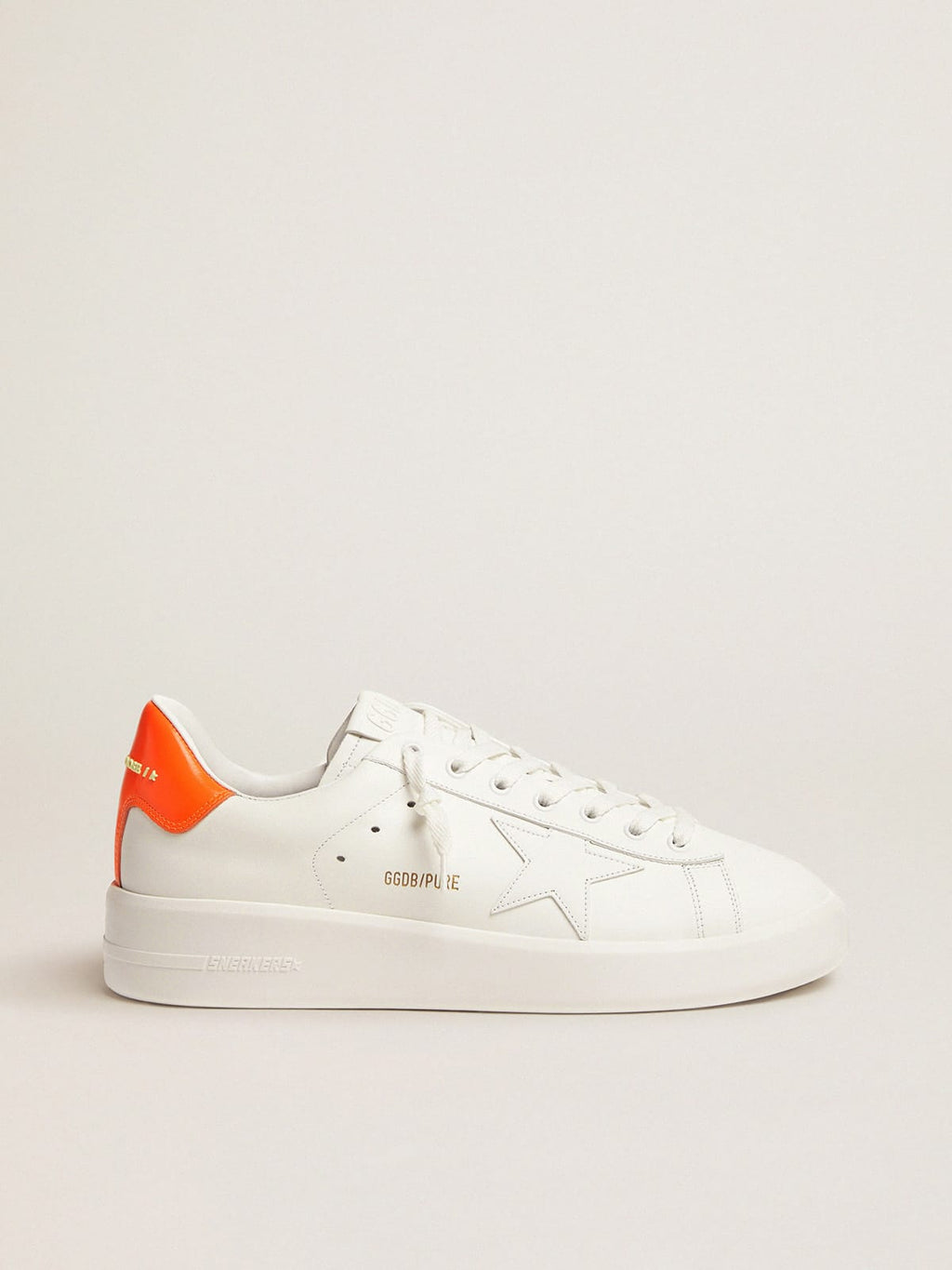 White Purestar sneakers with fluorescent orange heel tab| Golden Goose