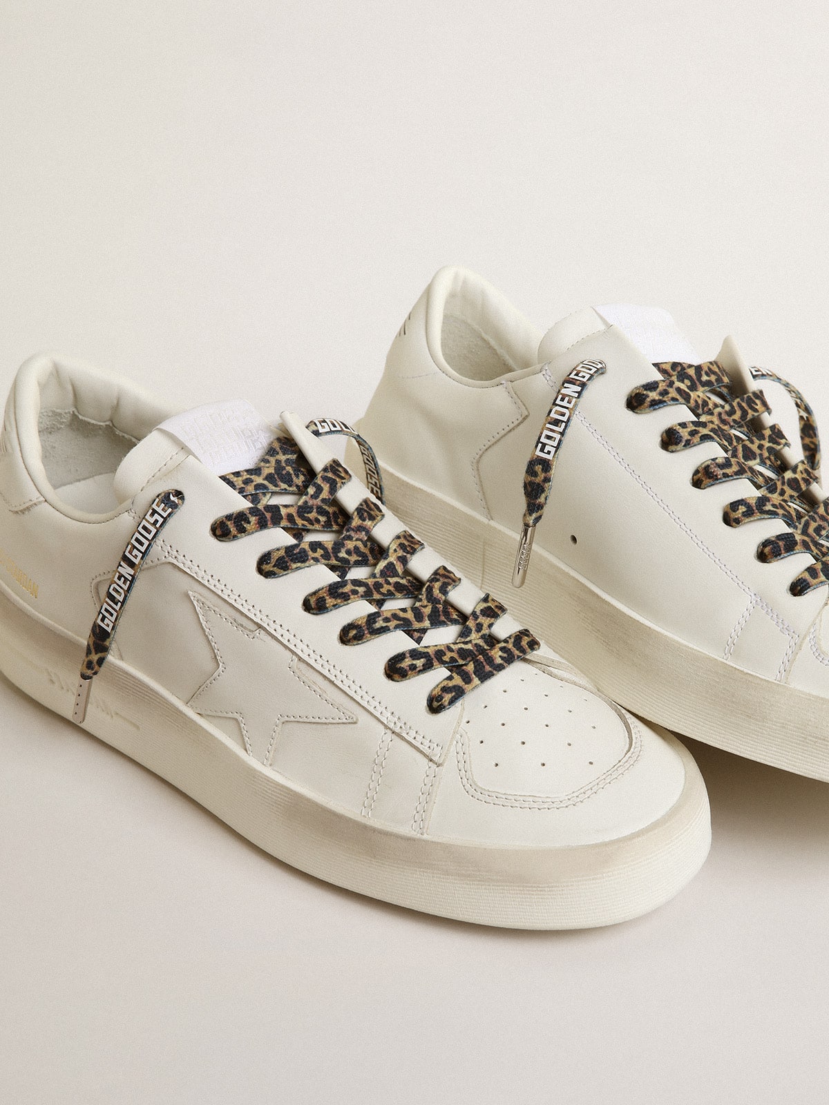 Beige leopard-print laces with contrasting white logo| Golden Goose