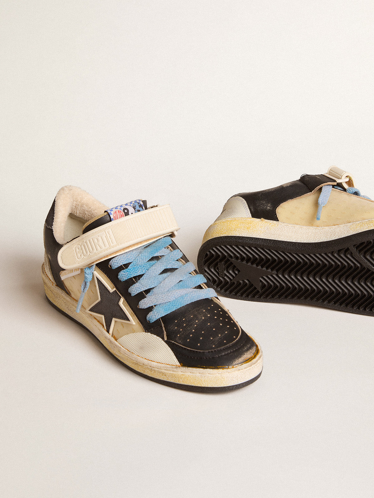 Men's Ball Star Pro in black leather with Velcro strap| Golden Goose