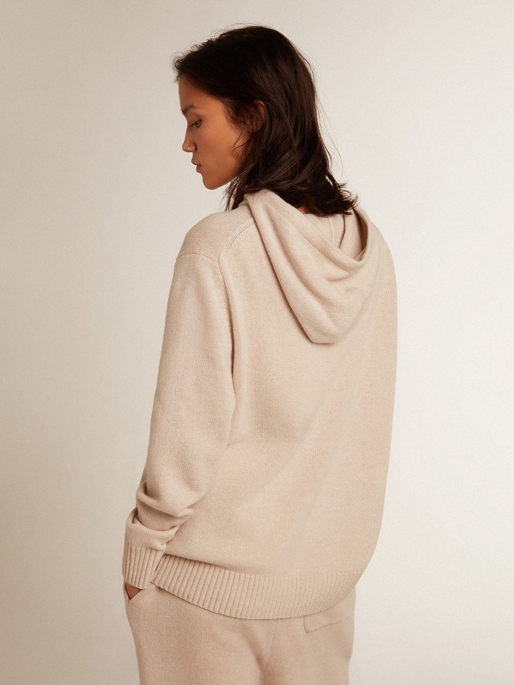 Women's white cashmere blend sweatshirt with hood| Golden Goose