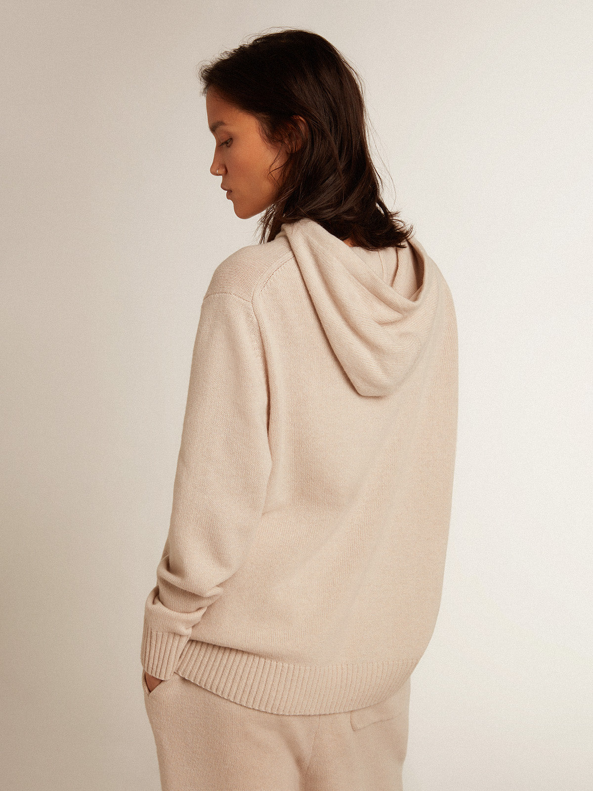Women's white cashmere blend sweatshirt with hood| Golden Goose