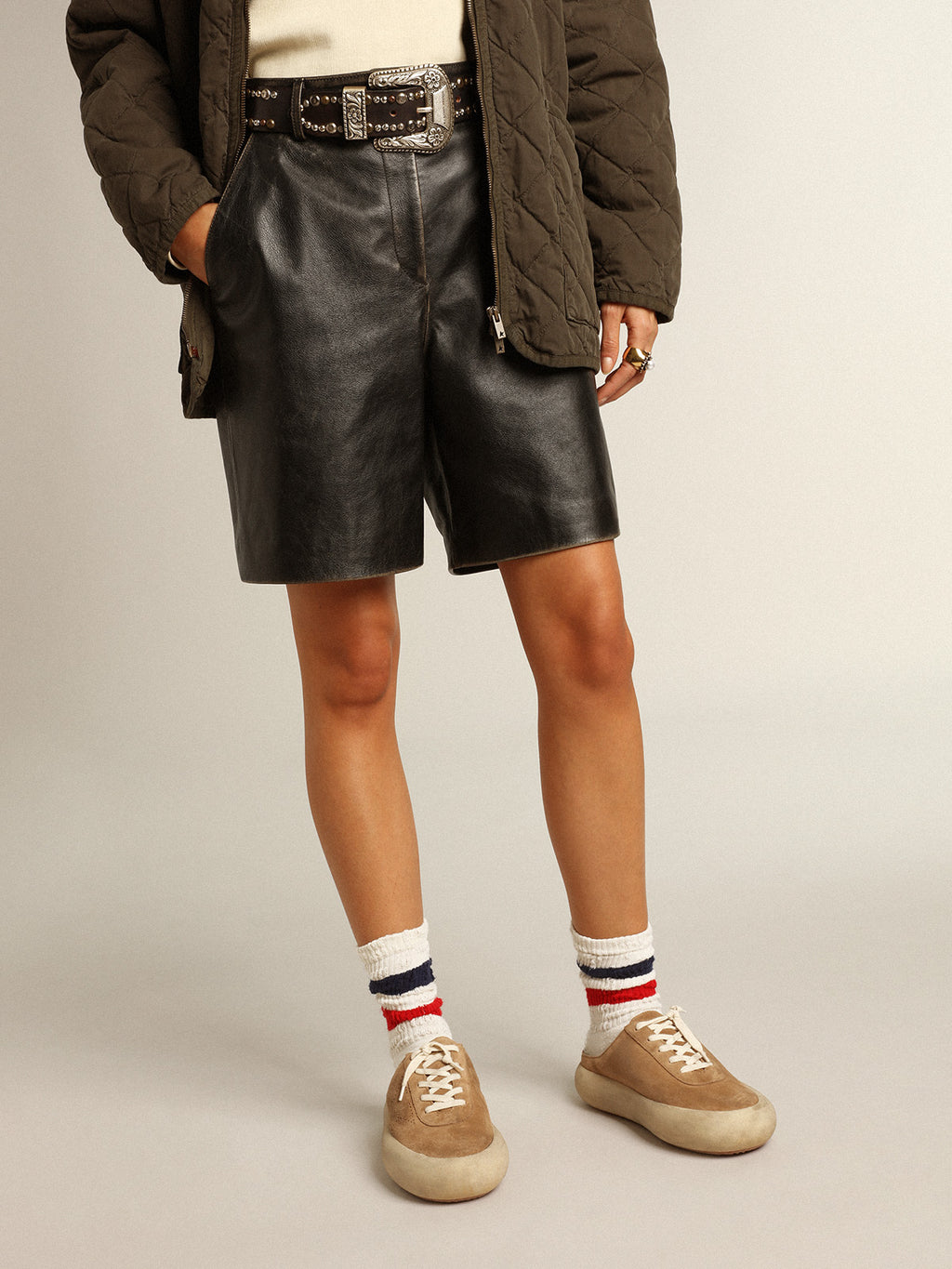 Black leather Bermuda shorts with lived-in effect| Golden Goose