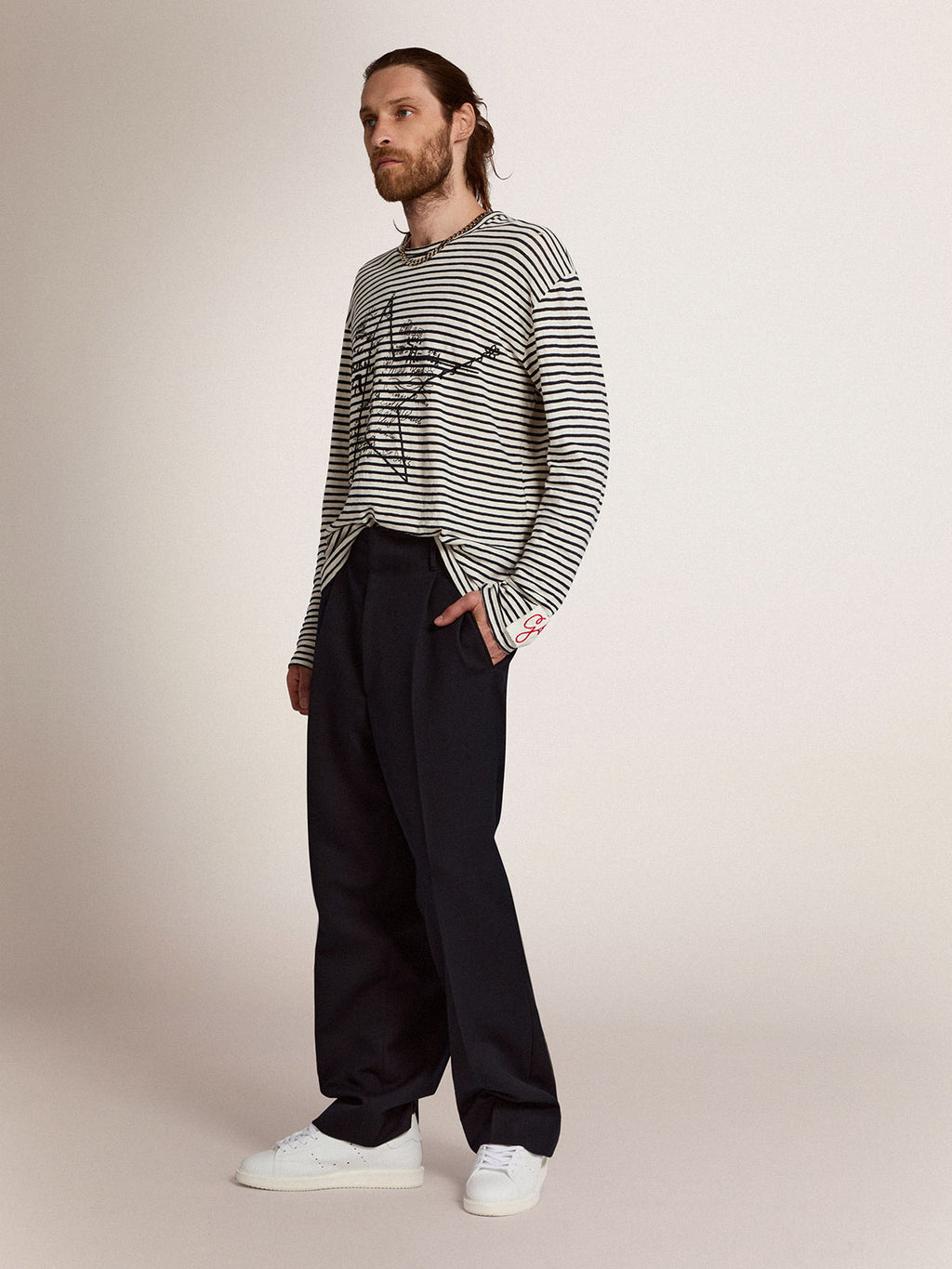 Men's T-shirt with white and blue stripes and embroidery on the front| Golden Goose