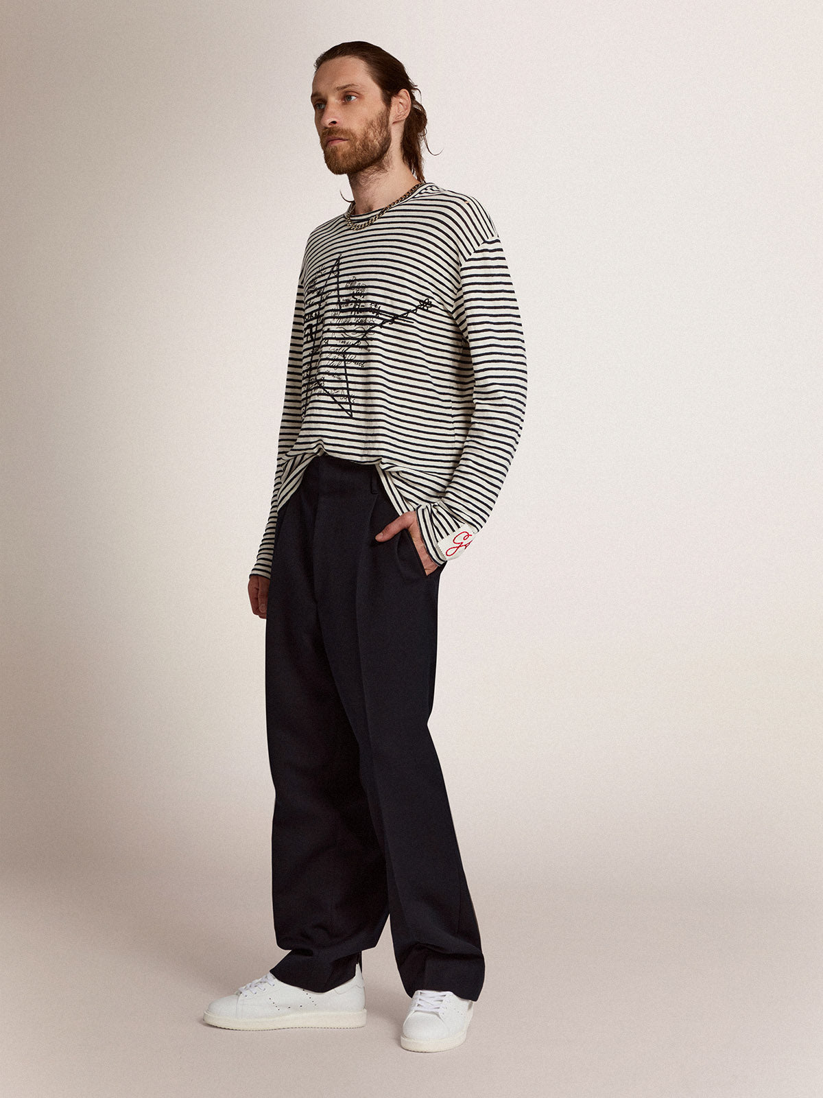 Men's T-shirt with white and blue stripes and embroidery on the front| Golden Goose