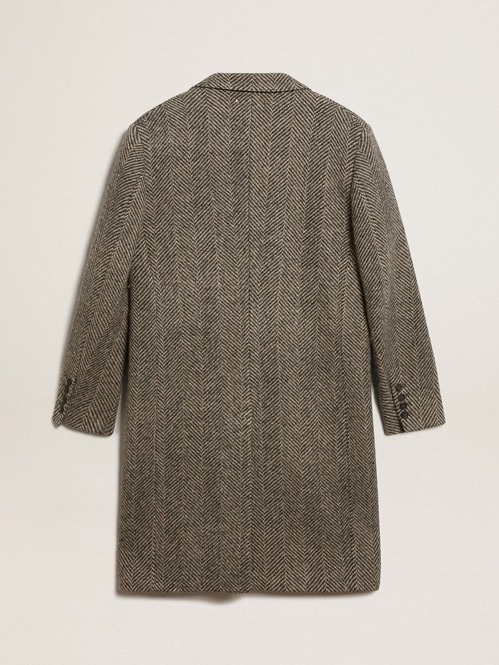 Men's single-breasted wool coat with beige and gray herringbone weave| Golden Goose