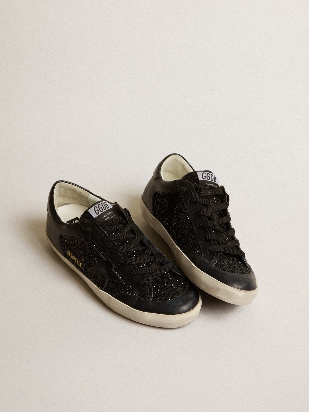 Women's Super-Star in black nappa and glitter with glossy black leather star| Golden Goose