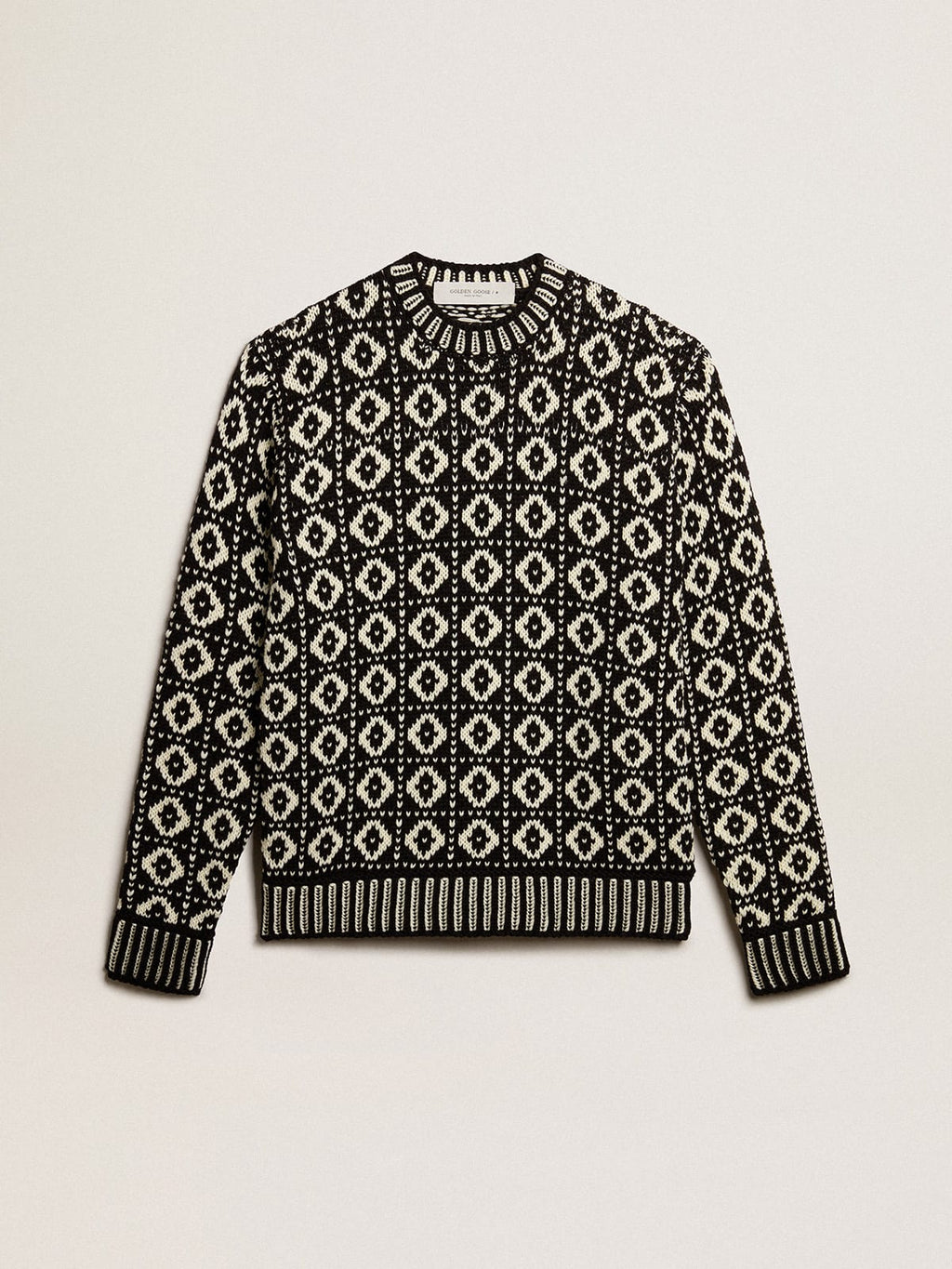 Round-neck sweater with geometric pattern in vintage white and black| Golden Goose