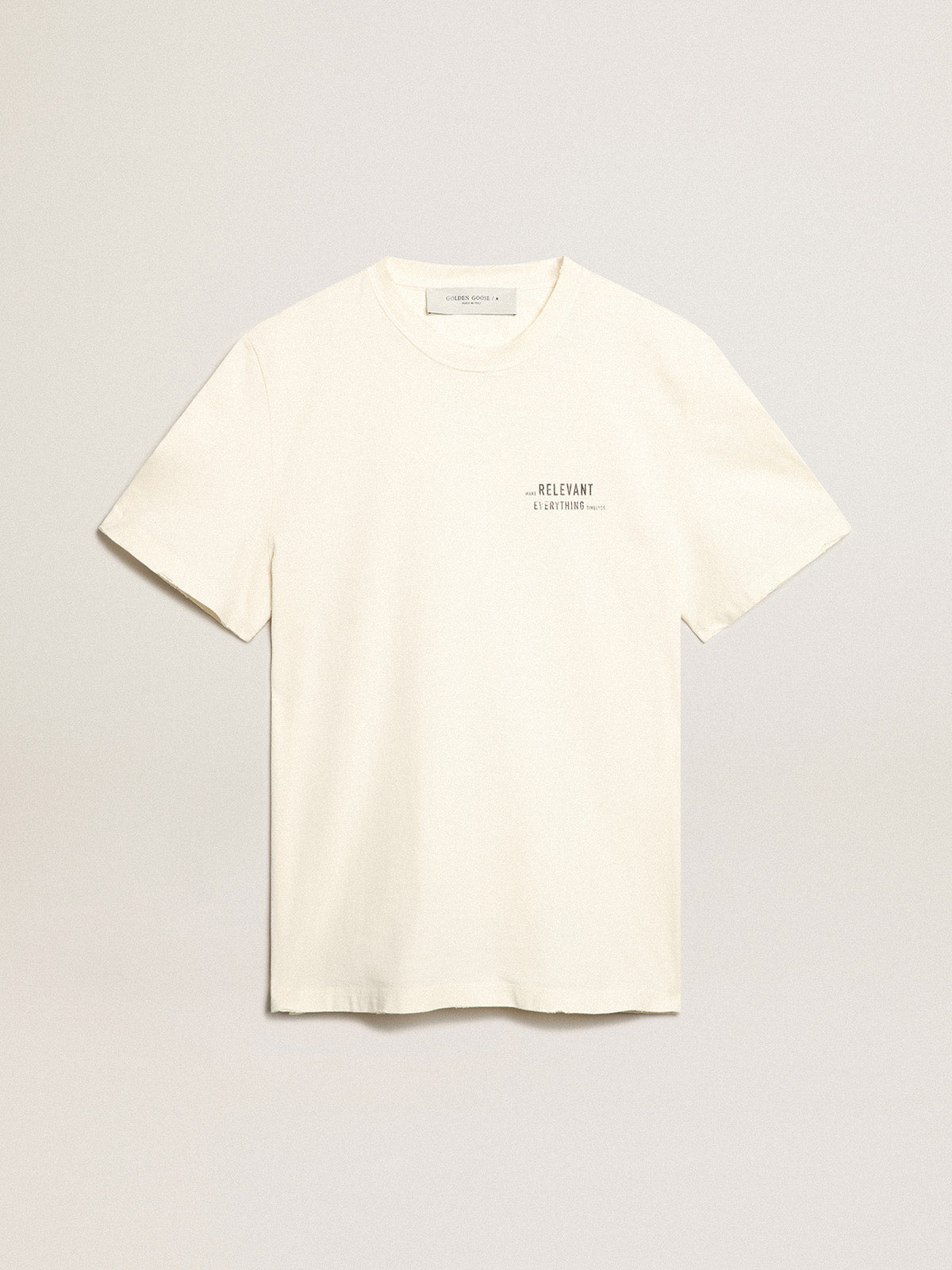 Distressed-finish white T-shirt with lettering| Golden Goose