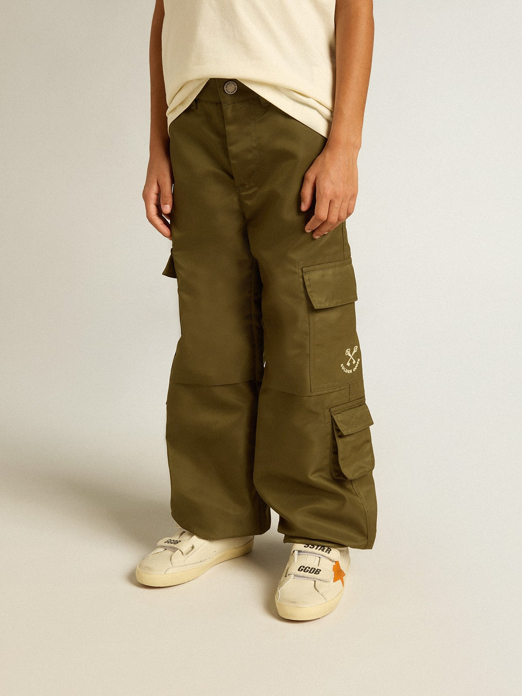 Kids cargo pants in military green| Golden Goose