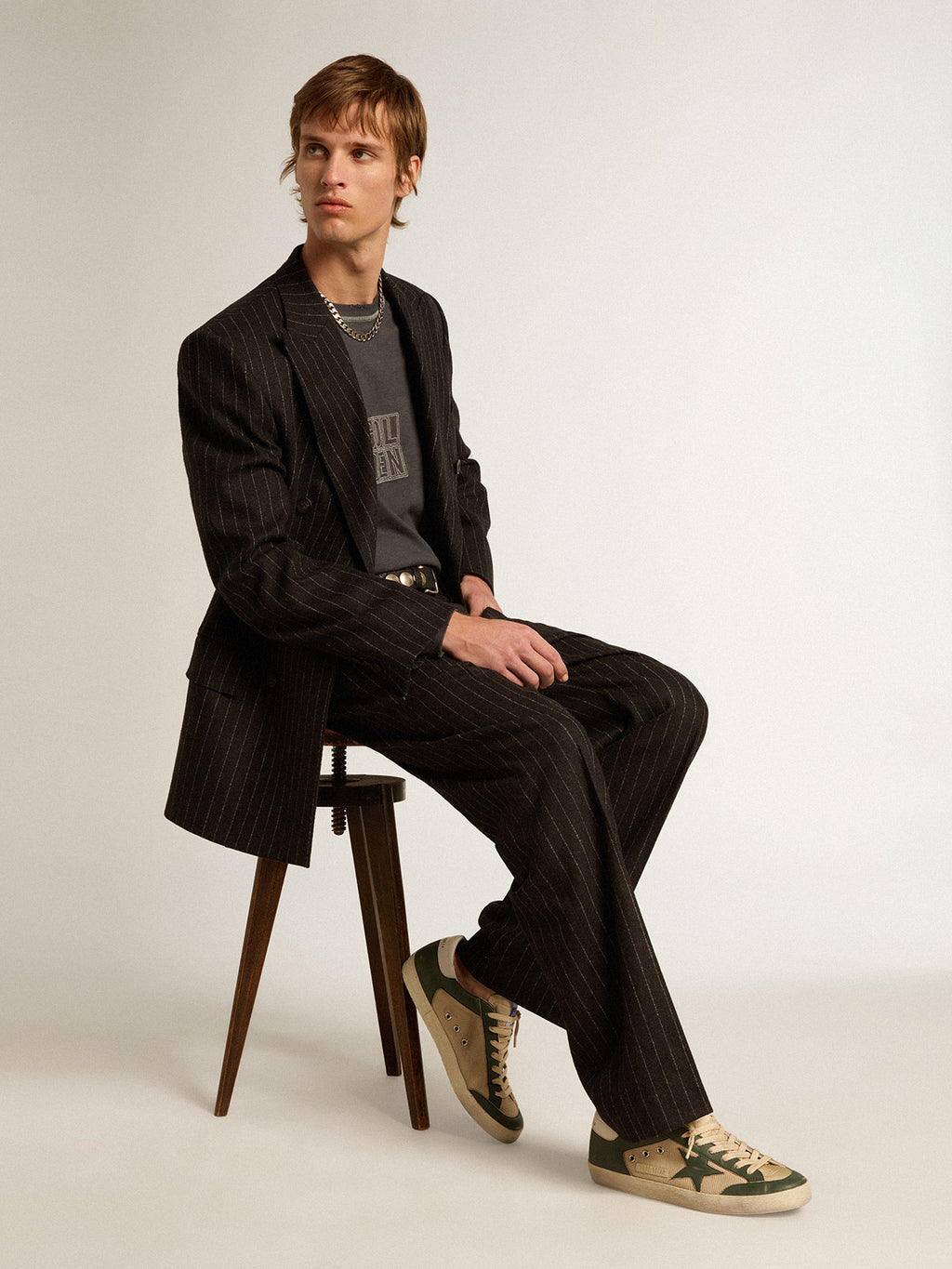 Super-Star LTD in cream mesh and green nappa with nappa star| Golden Goose