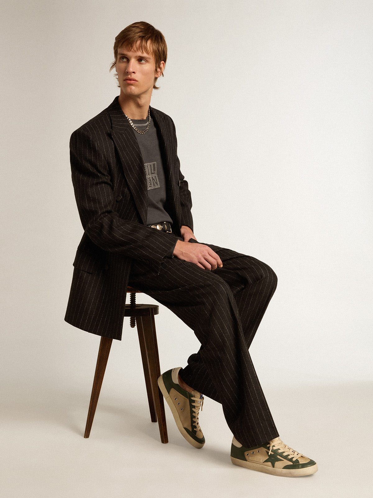 Super-Star LTD in cream mesh and green nappa with nappa star| Golden Goose