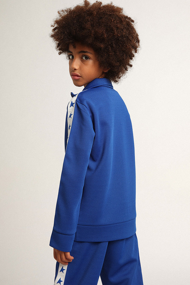 Bright blue zipped sweatshirt with white strip and bright blue stars| Golden Goose