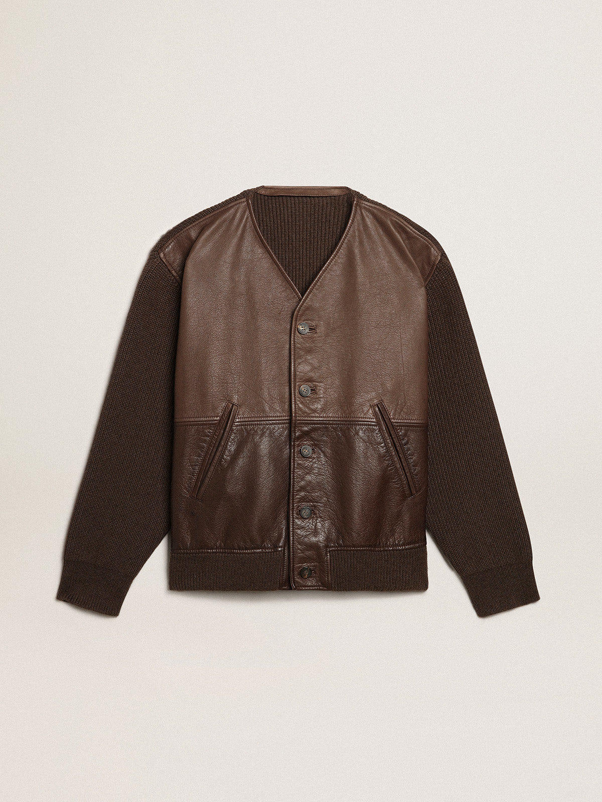 Chocolate-colored leather and knit V-neck cardigan| Golden Goose