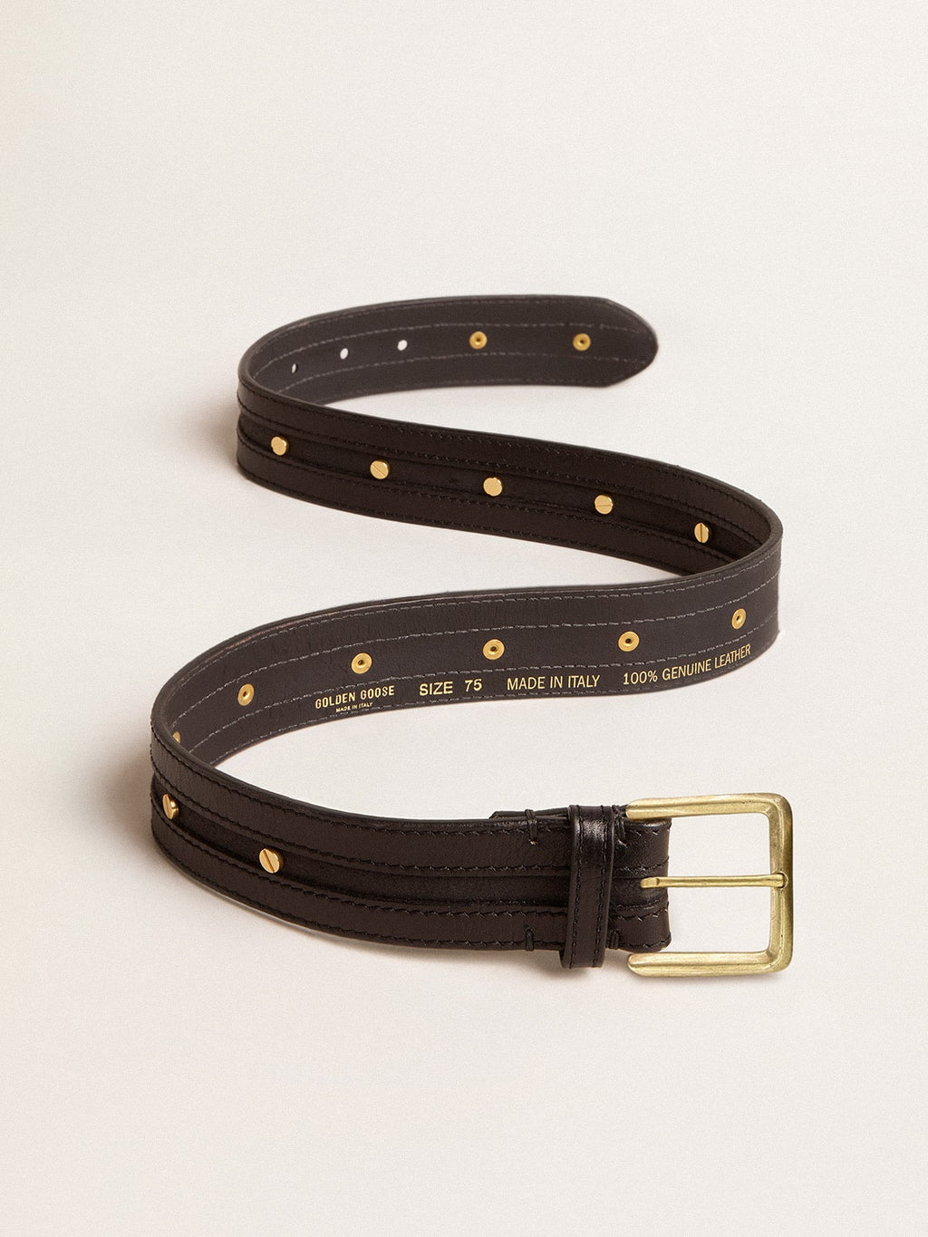 Women's black belt in washed leather with gold studs| Golden Goose
