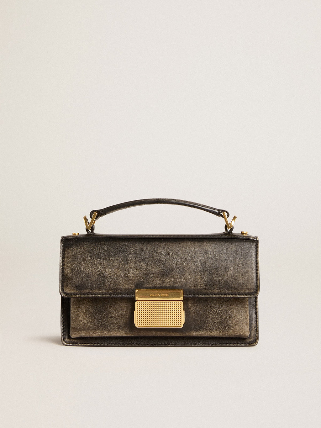 Small Venezia Bag in black distressed leather with gold details| Golden Goose
